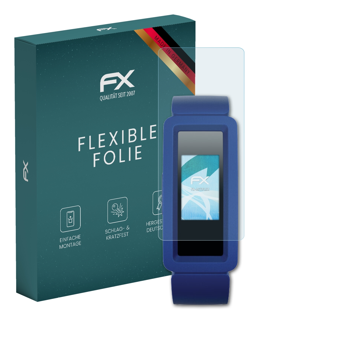 Blauer Fitnesstracker mit Displayschutz und Box. Text: Flexible Folie. Made in Germany. FX-Logo.