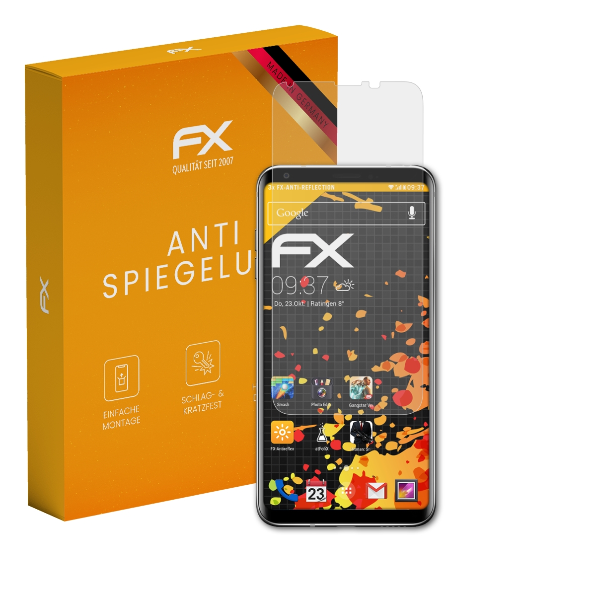 Smartphone, Displayschutz und Box. Das Telefon ist schwarz. Die Box ist orange mit weißem Design.
