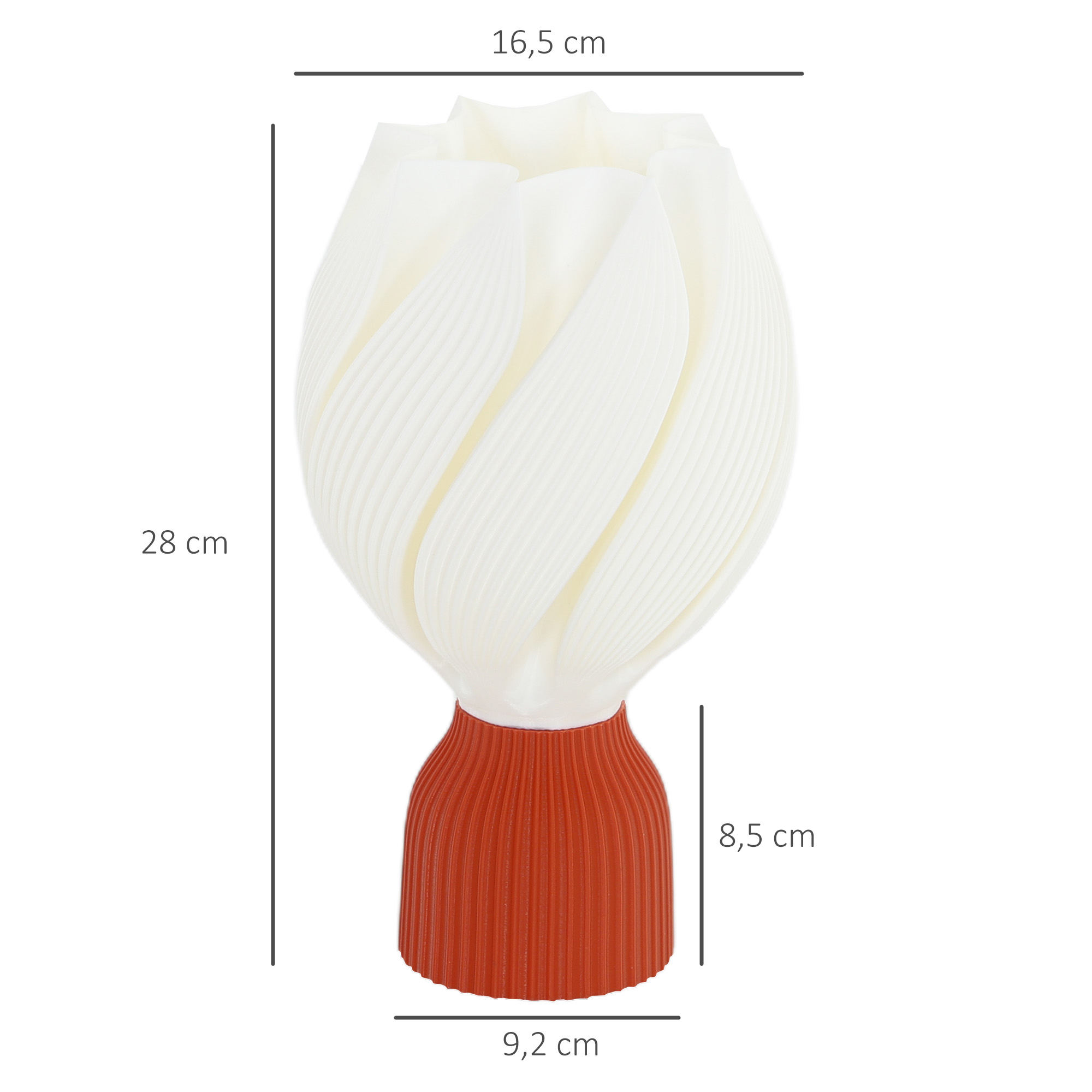 Una lámpara blanca y naranja. Dimensiones: 28 cm de altura, 16,5 cm de ancho, 9,2 cm de base y 8,5 cm de altura de la base.