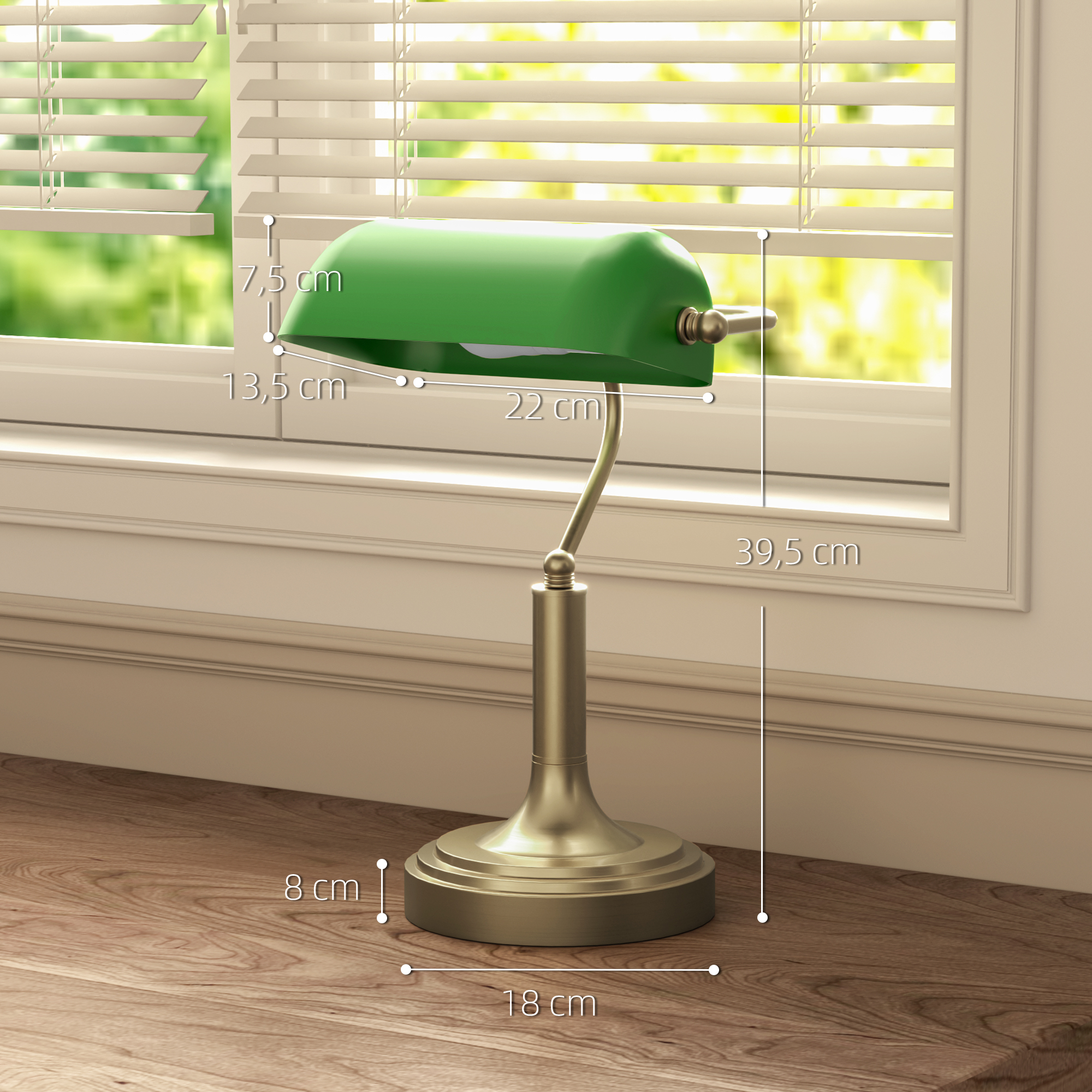 Lámpara de banquero verde con dimensiones: 39,5 cm de altura, 22 cm de ancho, 18 cm de base y 13,5 cm de pantalla.