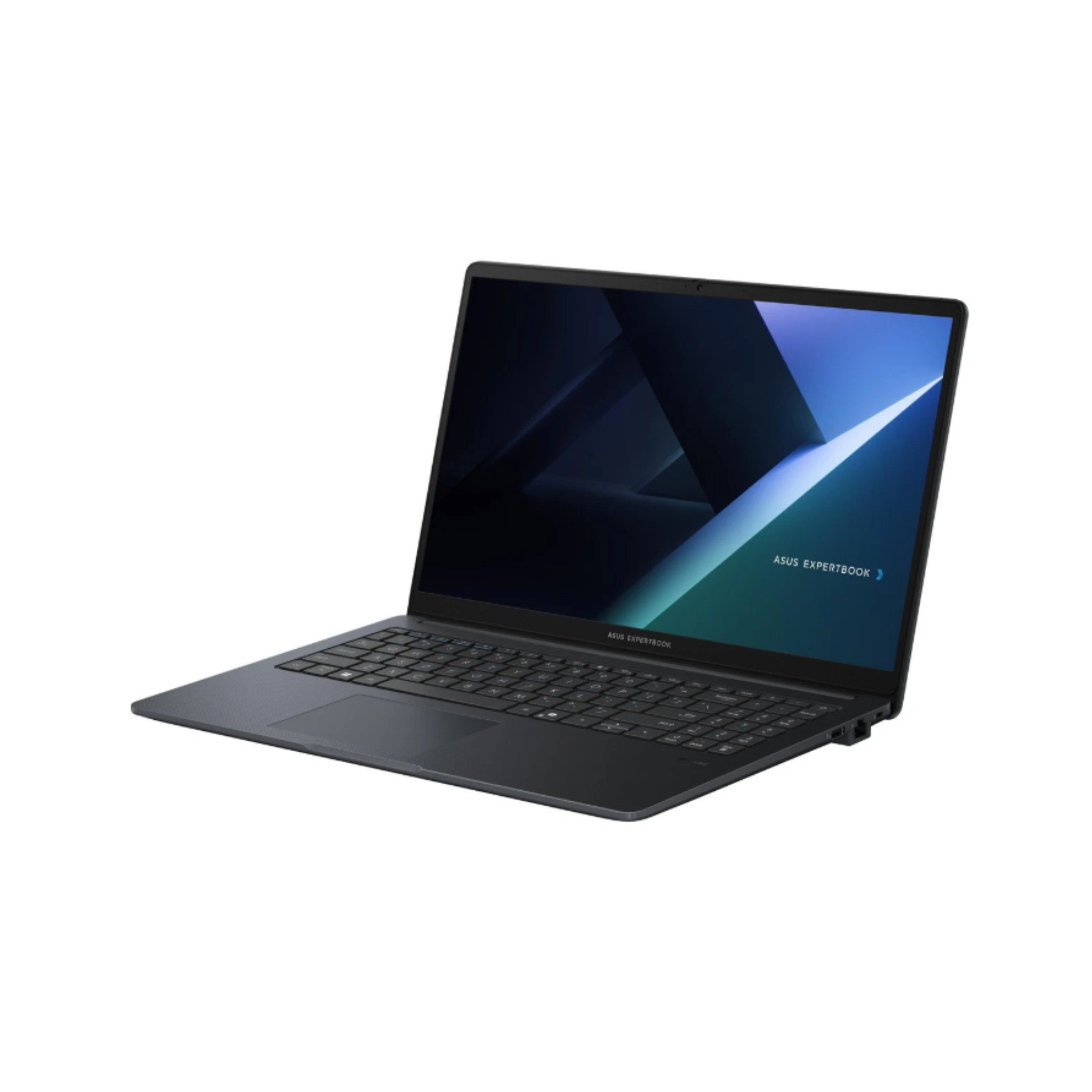 Ein geöffnetes, dunkelgraues ASUS ExpertBook vor weißem Hintergrund. Der Bildschirm zeigt eine blau-türkise Grafik.