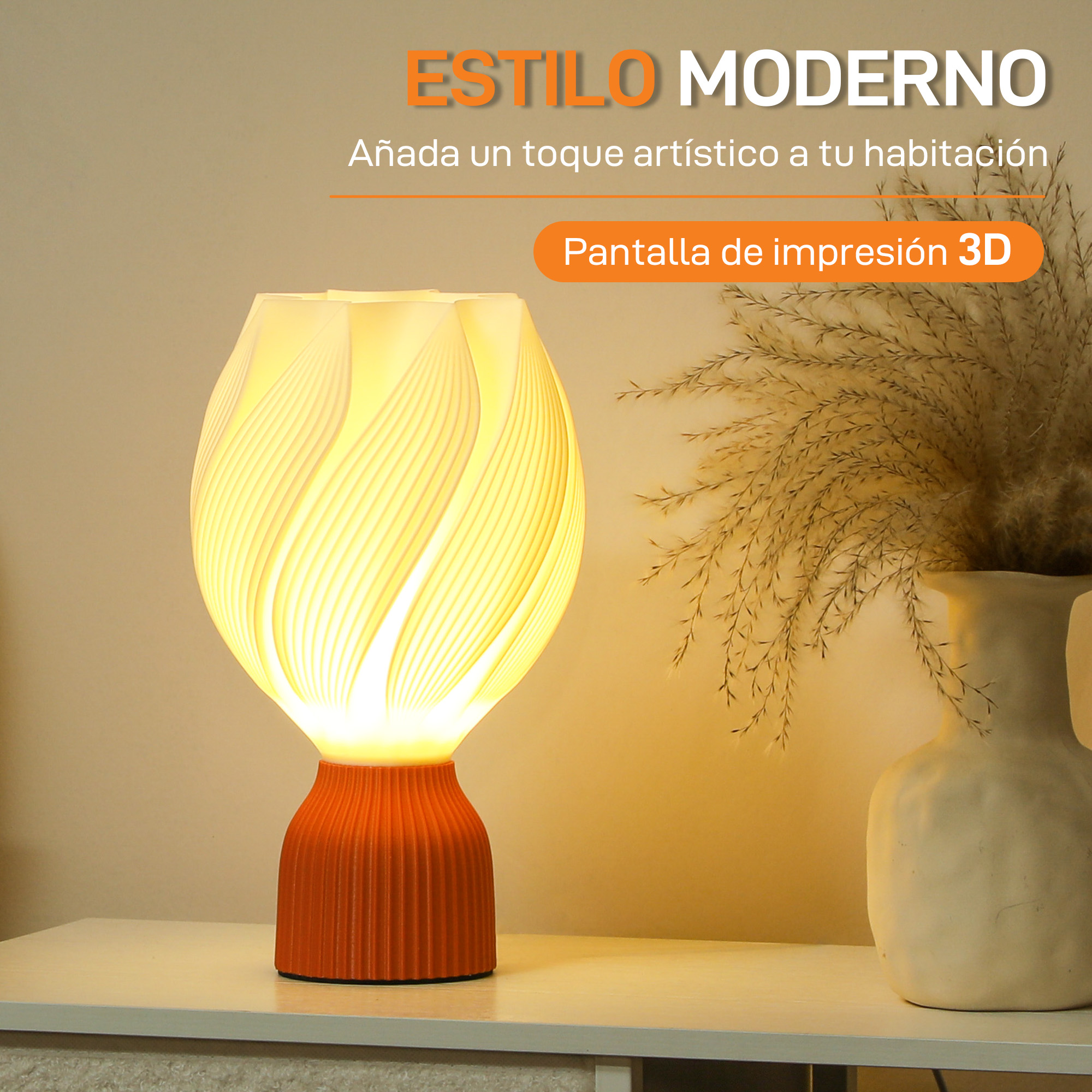Una base naranja soporta una lámpara blanca con diseño floral junto a un florero.