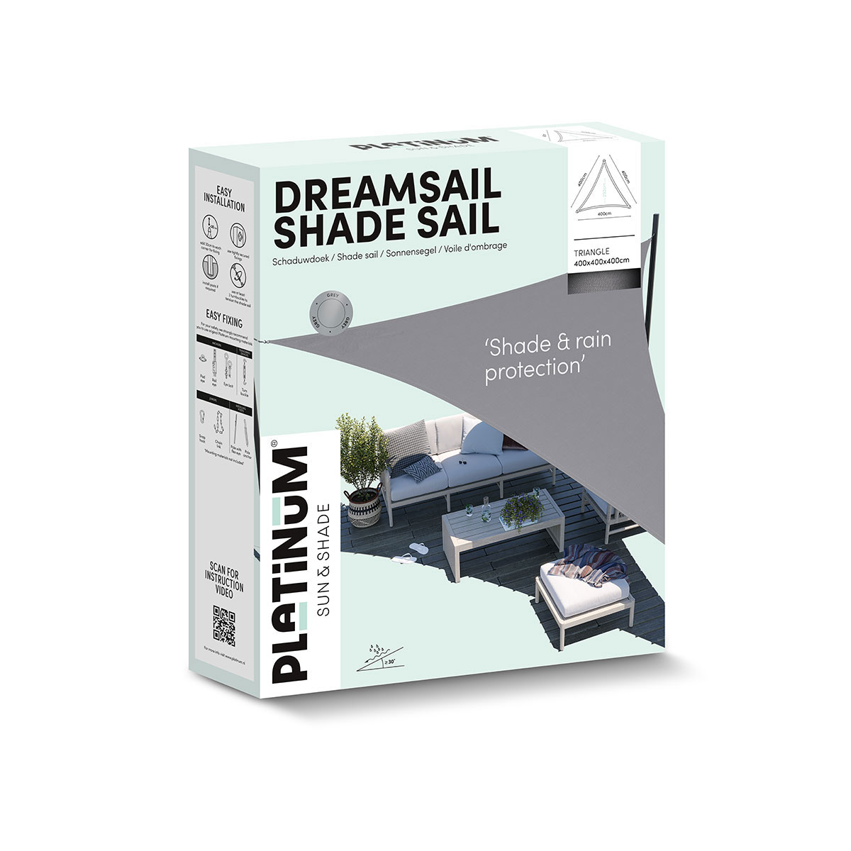Box für ein Dreamsail Sonnensegel. Zeigt ein Segel auf einer Terrasse mit Text und Anweisungen.