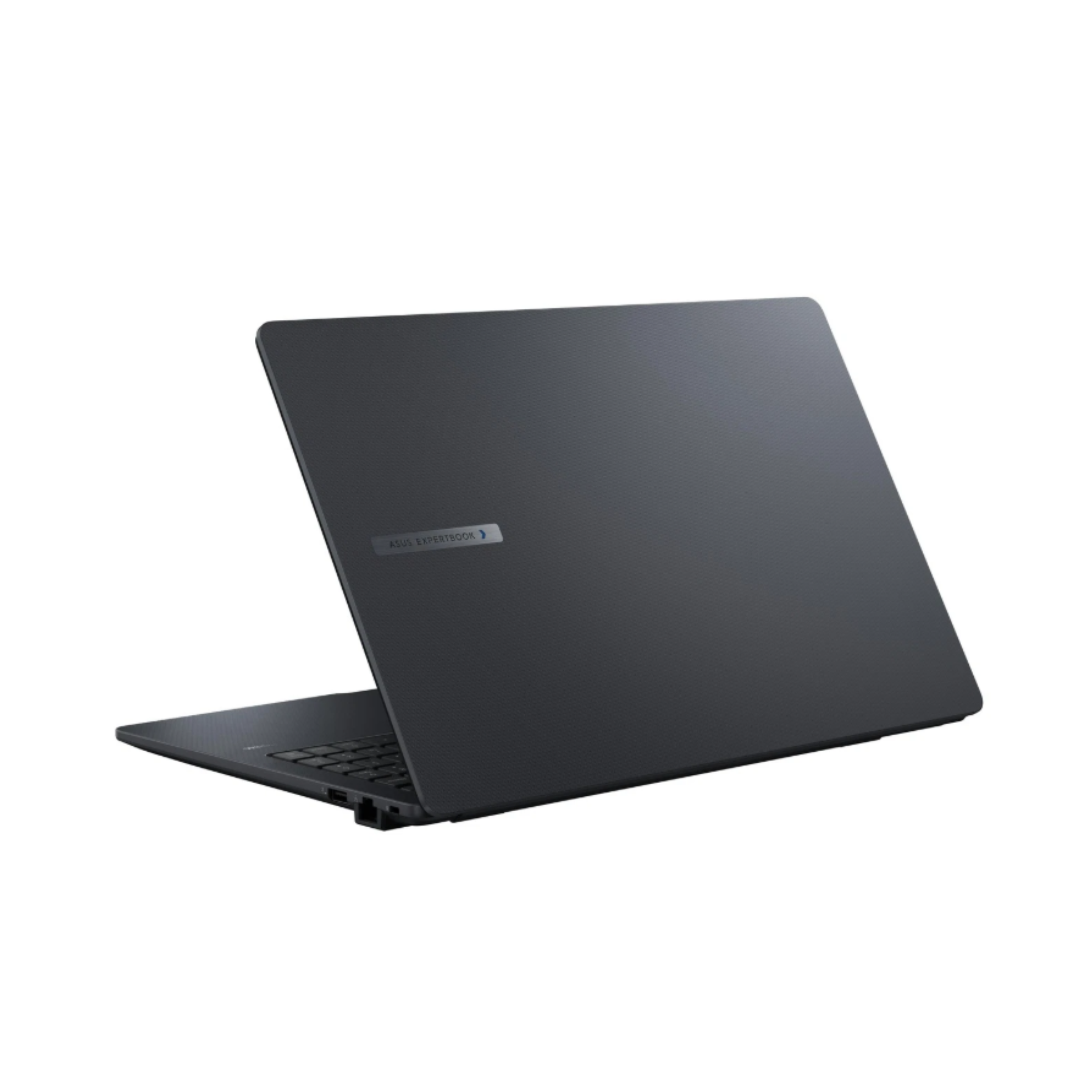 Ein dunkelgrauer Laptop ist in einem Winkel vor einem weißen Hintergrund positioniert.