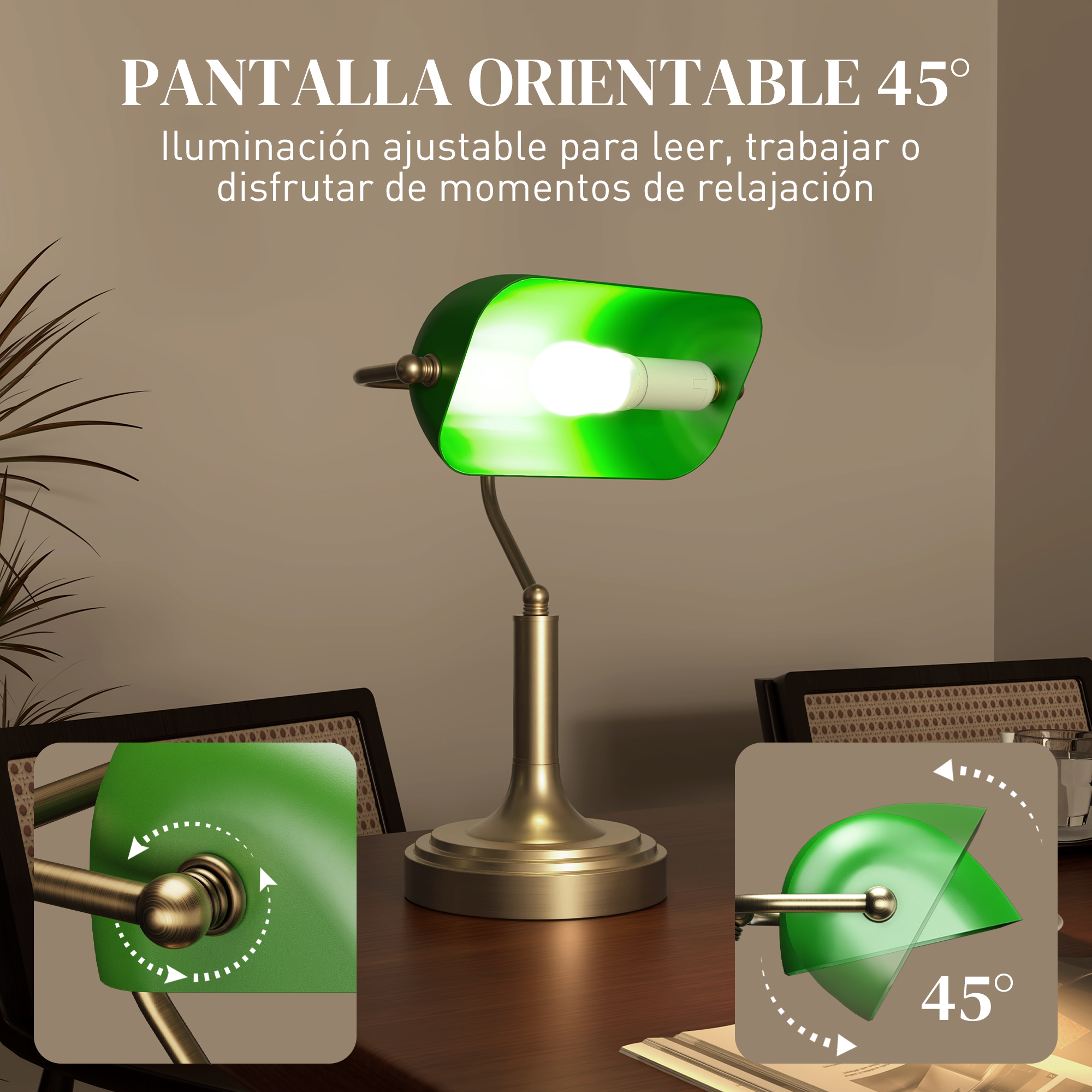 Una lámpara de escritorio verde con base de latón y pantalla ajustable se asienta sobre un escritorio.