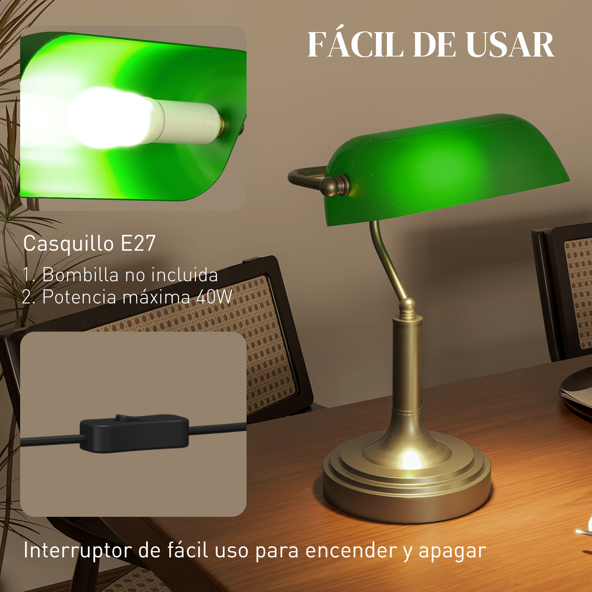 Una lámpara de escritorio verde con base de latón se asienta sobre un escritorio de madera con una planta en maceta.