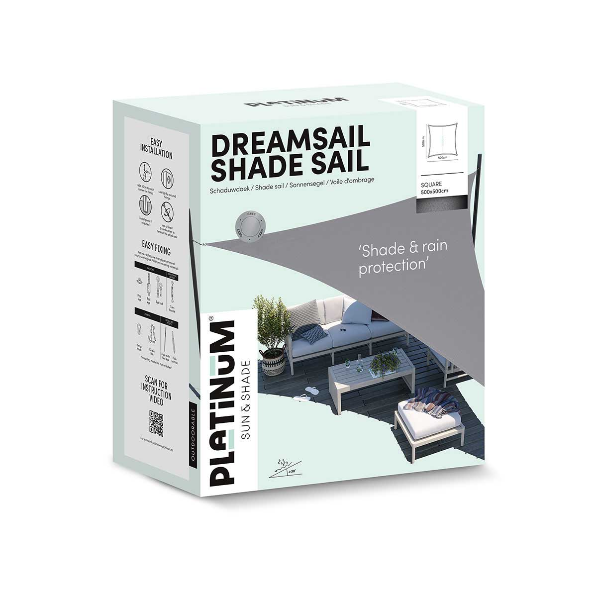 Boîte avec texte, 'DREAMSALL SHADE SAIL'. Montre une scène de voile d'ombrage, avec une voile d'ombrage carrée grise.