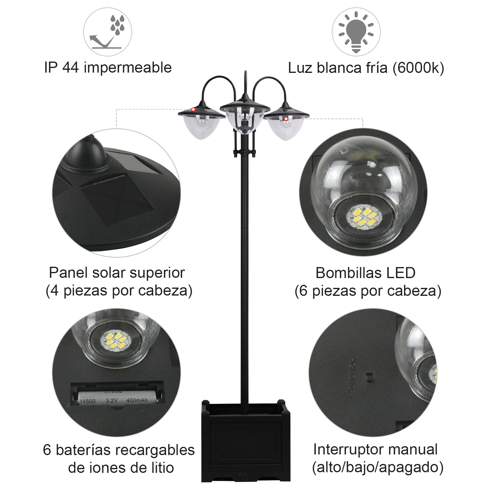 Detalles de la lámpara solar: IP44 a prueba de agua, bombillas LED, panel solar, baterías de litio, interruptor manual.