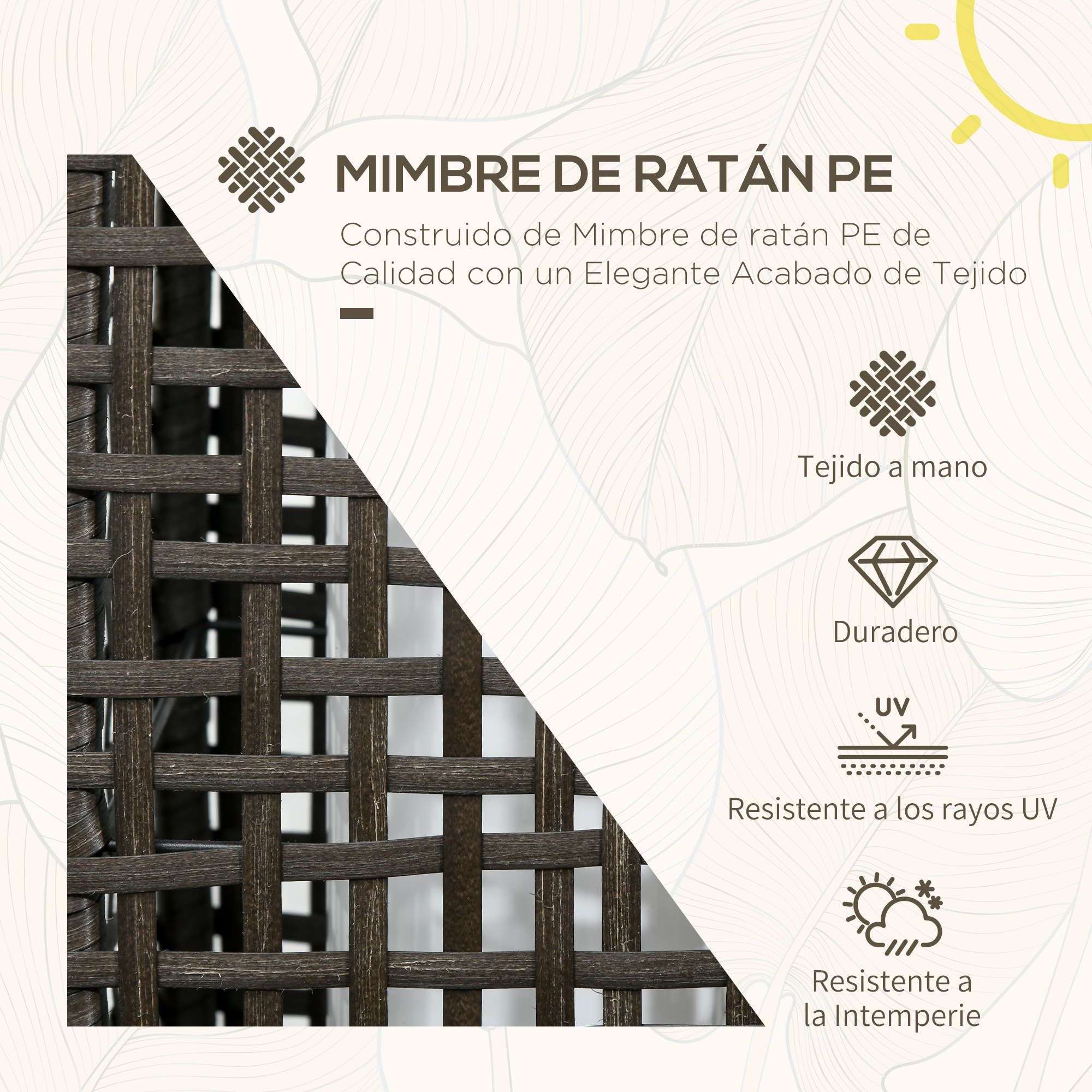 Primer plano de un panel de ratán tejido marrón con texto sobre las propiedades y beneficios del material.