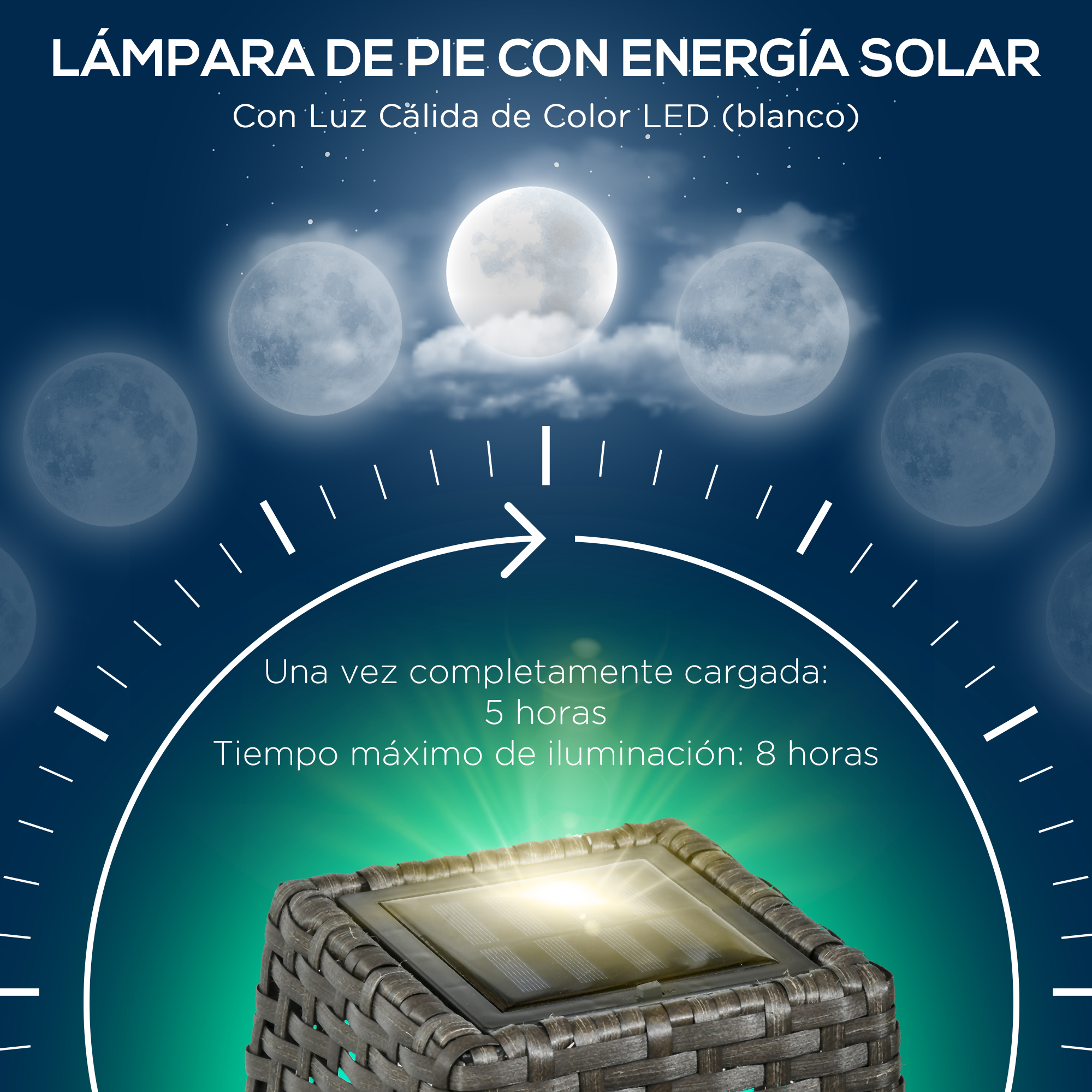 Lámpara solar con base de cesta tejida. Es de noche y tiene un fondo de luna.