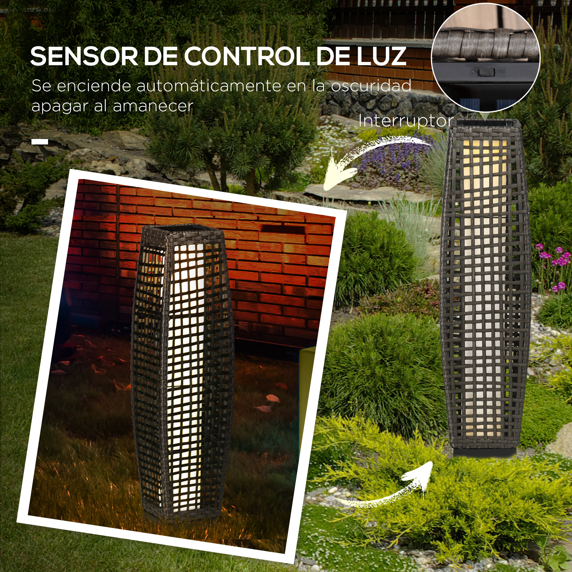 Una lámpara exterior oscura con un diseño tejido, con texto sobre la funcionalidad del sensor de luz y un detalle del interruptor.
