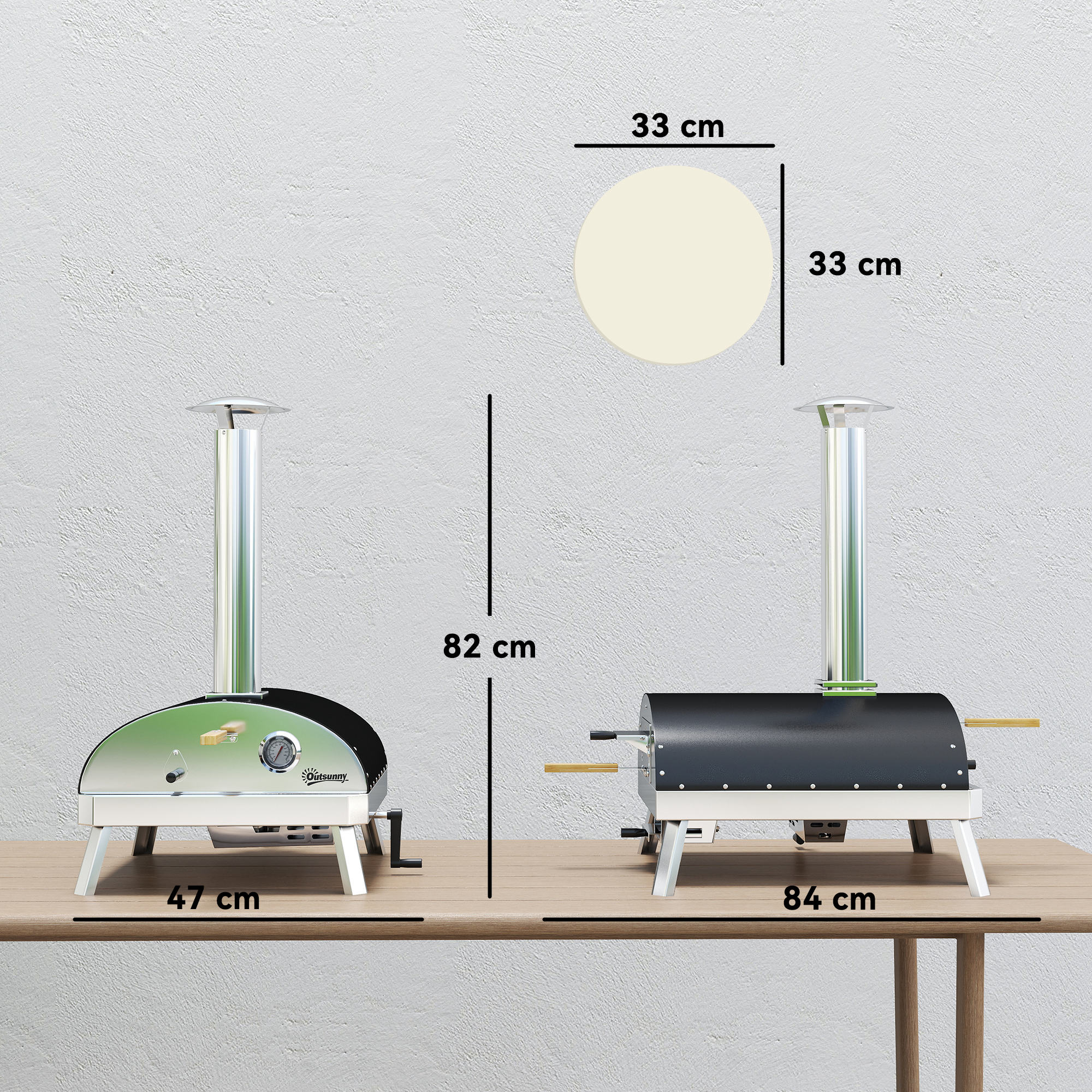 Dos hornos de pizza sobre una mesa de madera. Las medidas se proporcionan en centímetros.