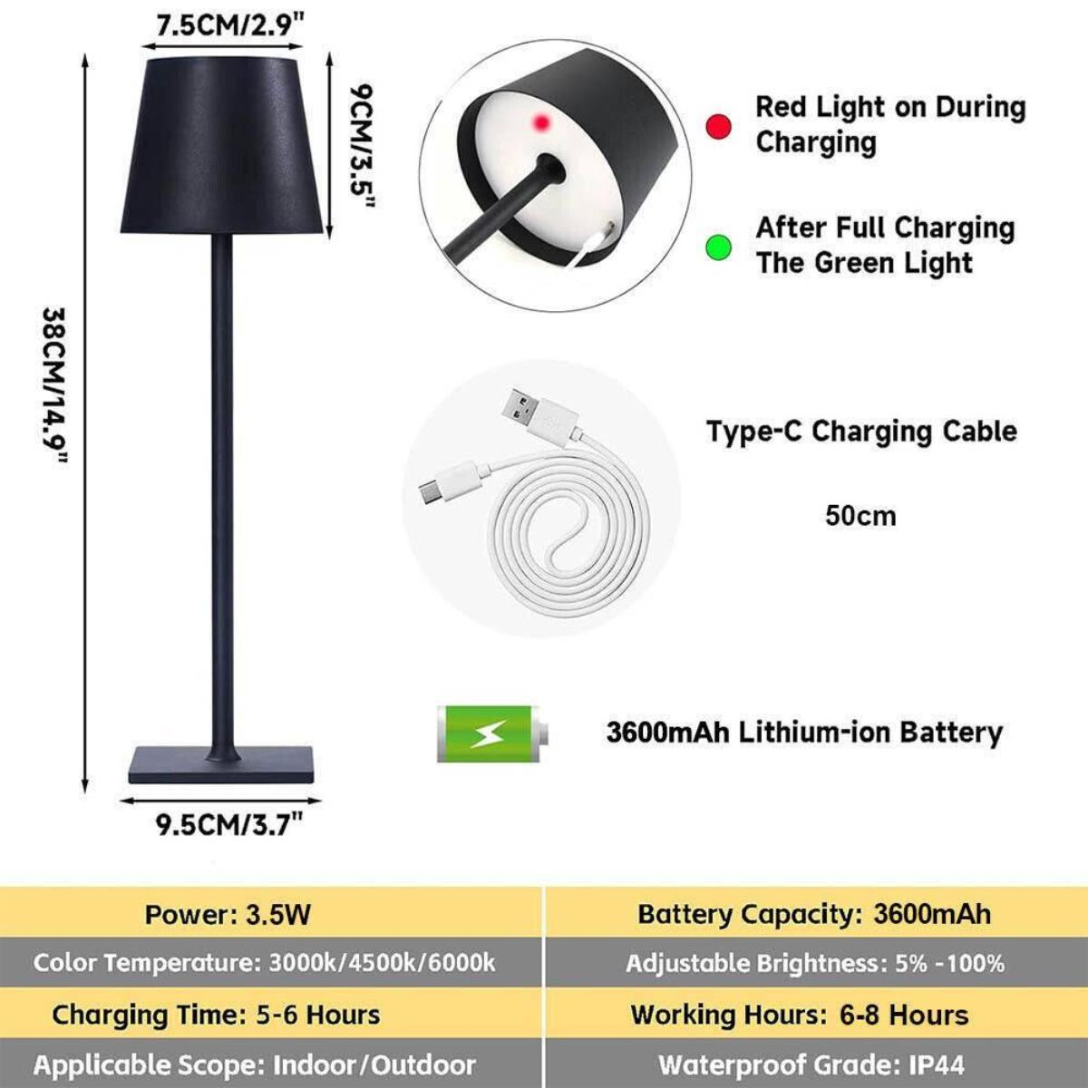 Eine schwarze Lampe mit Abmessungen und Spezifikationen. Enthält einen Akku und ein Ladekabel.