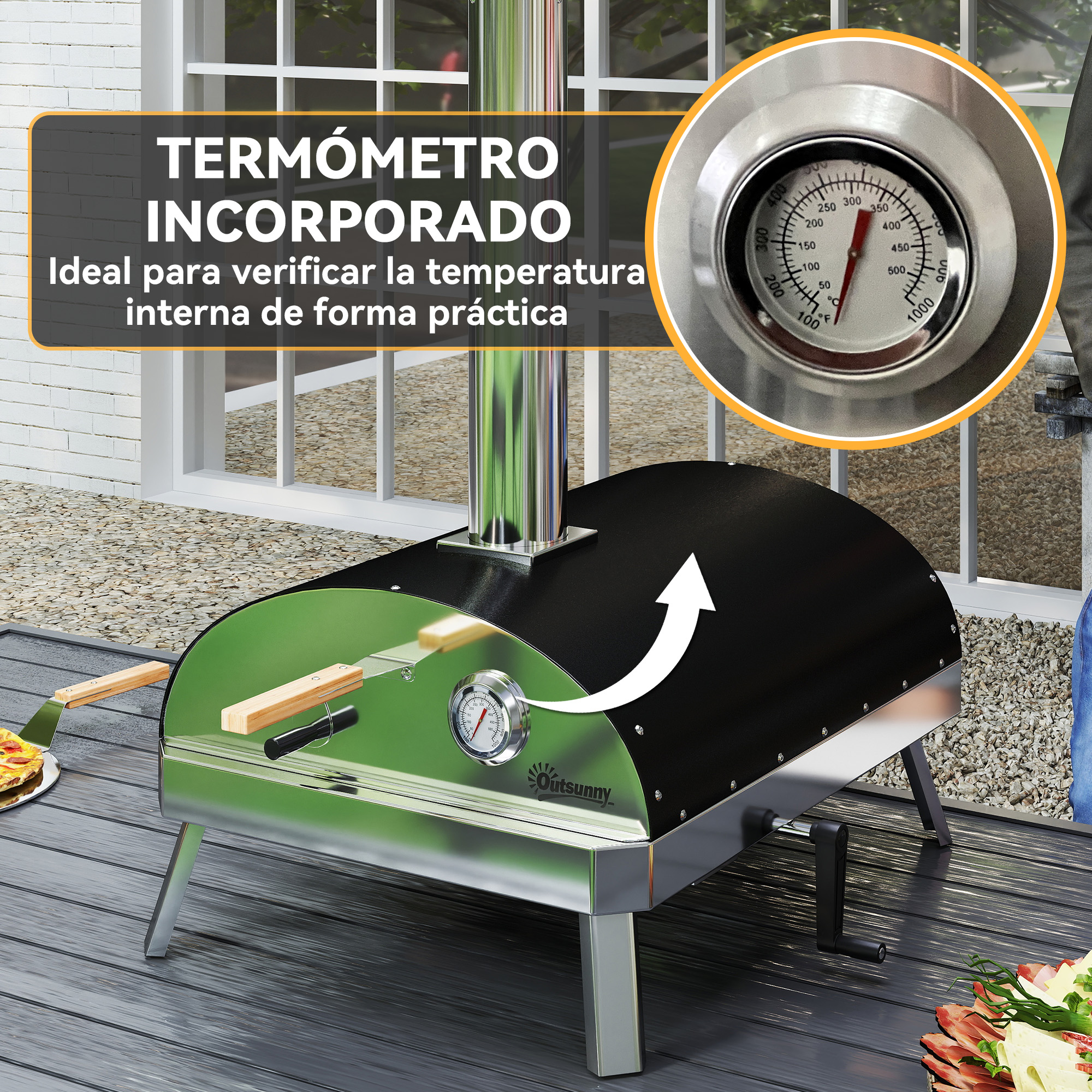 Horno de pizza con termómetro. Muestra la lectura de la temperatura con una pala de pizza.