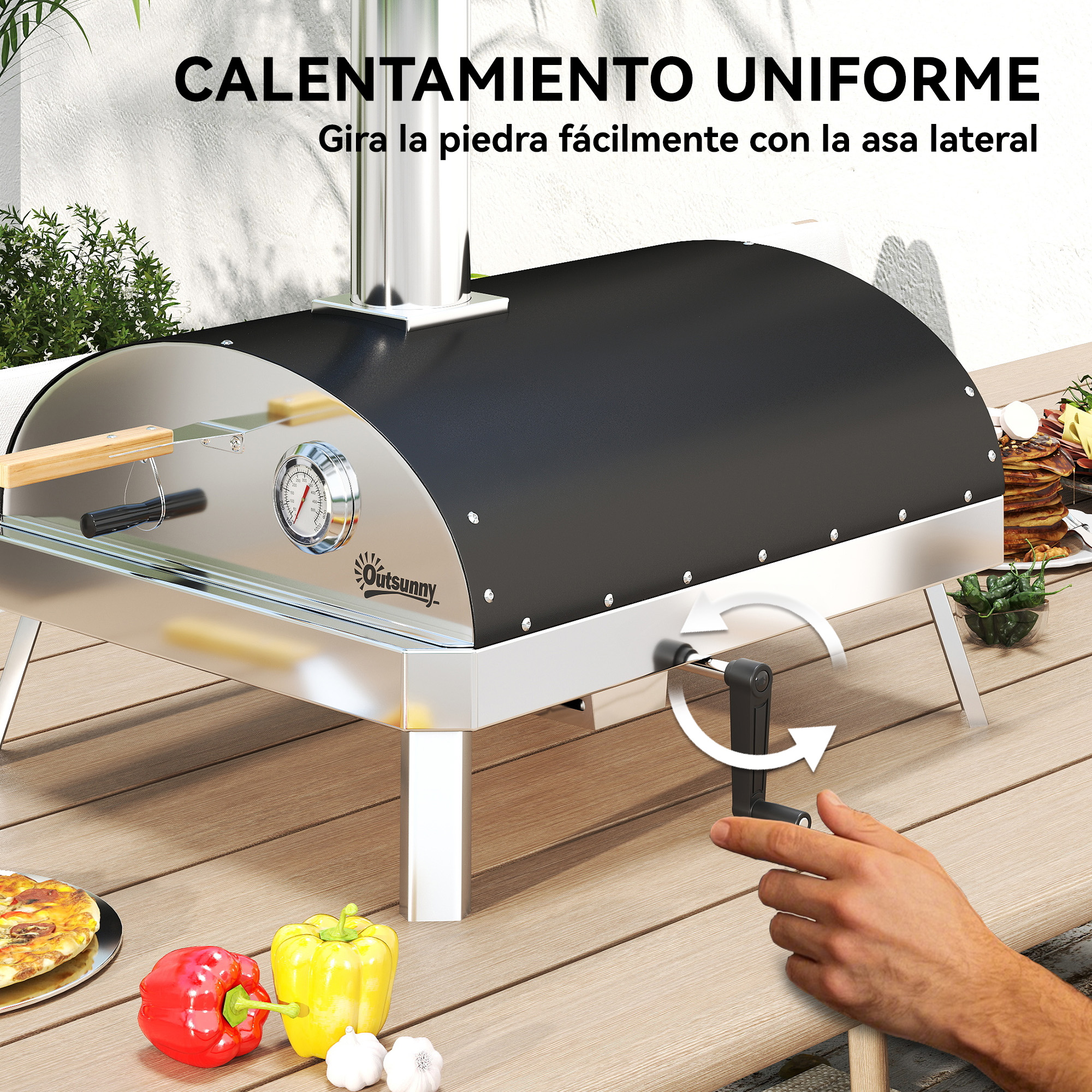 Horno de pizza con una persona girando un mango. Incluye pizza y verduras.