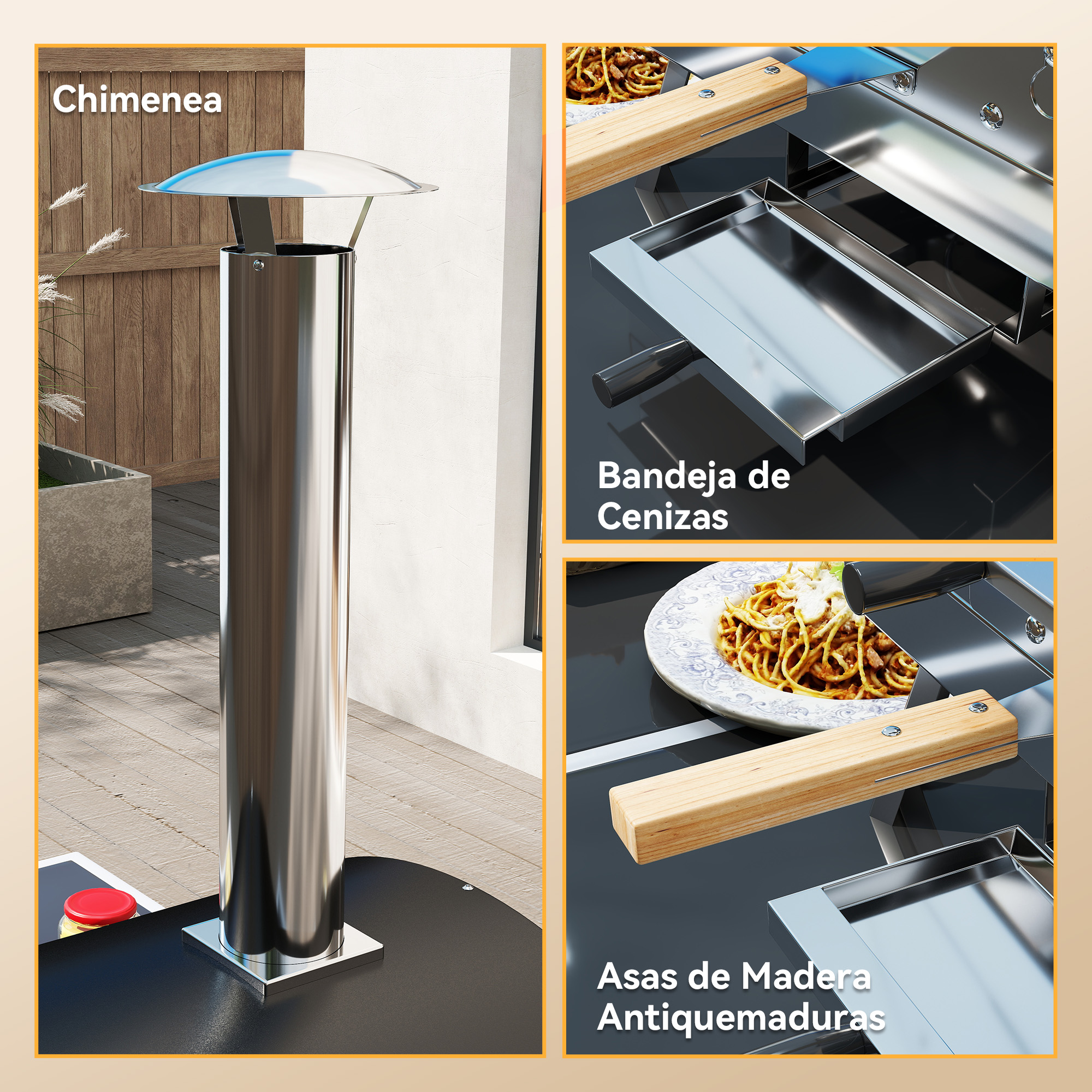 Primer plano de los componentes del horno de pizza: chimenea, cenicero y mangos de madera. Se muestra con un fondo blanco.