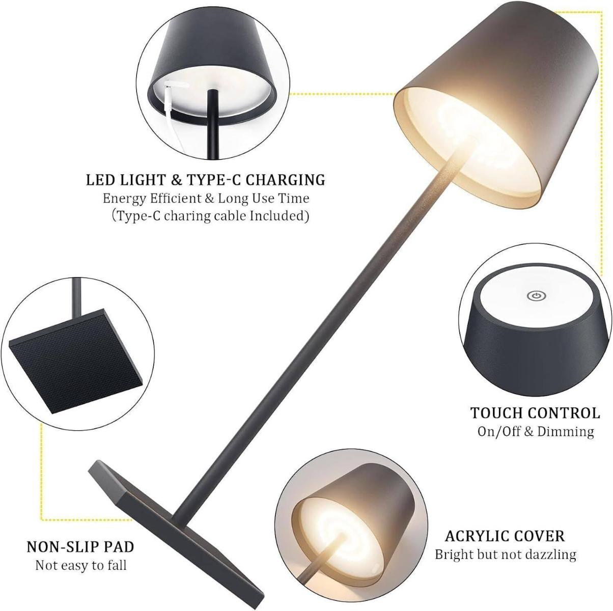 Schwarze Tischlampe mit Touch-Steuerung. Inklusive rutschfestem Sockel und Ladeanschluss.