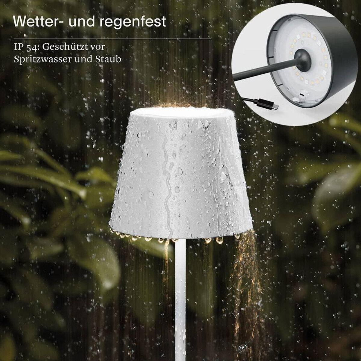 Weiße Lampe mit Wassertropfen. Es regnet, und die Lampe befindet sich im Freien.