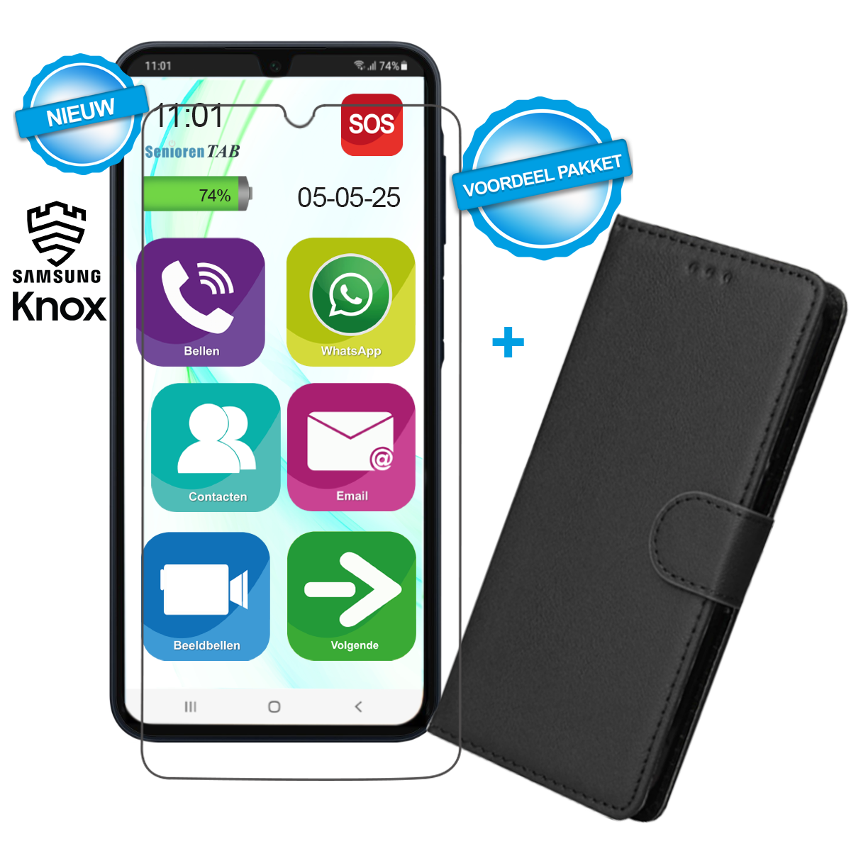 Smartphone met screenprotector, hoesje en app-iconen, met tekstlabels.