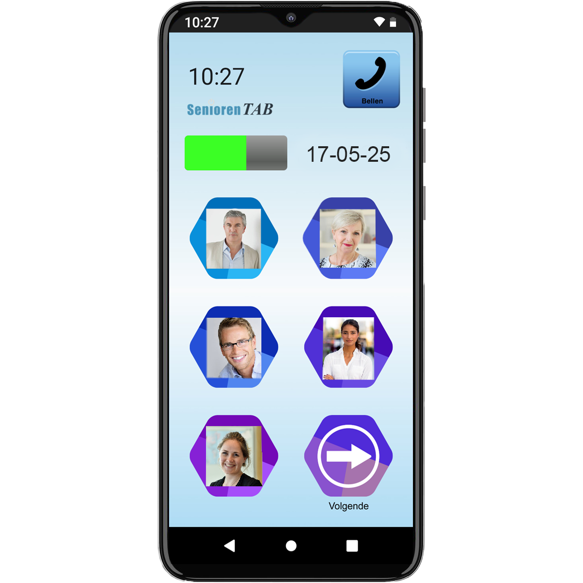 Telefoonscherm met belopties en contactpictogrammen. Tijdweergave bovenaan.
