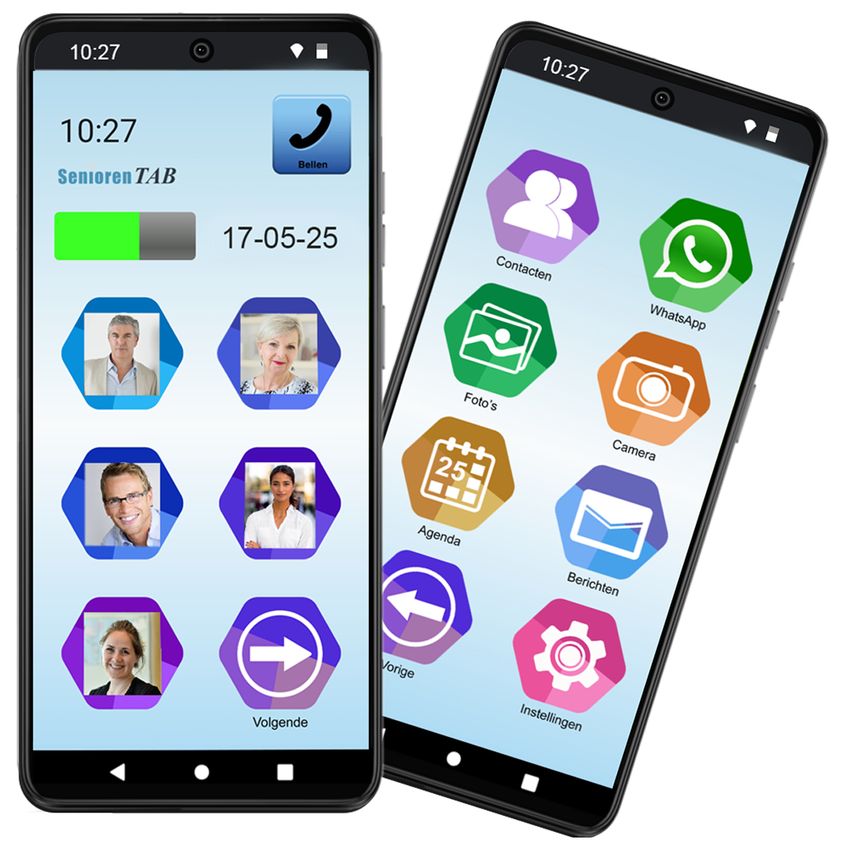 Twee smartphones met verschillende app-indelingen. Toont verschillende informatie en pictogrammen.