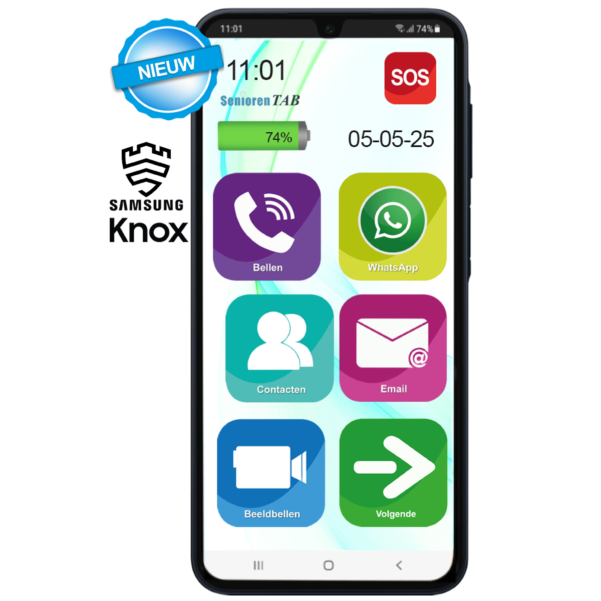 Smartphone scherm met app-iconen, met een screenprotector en een hoesje.