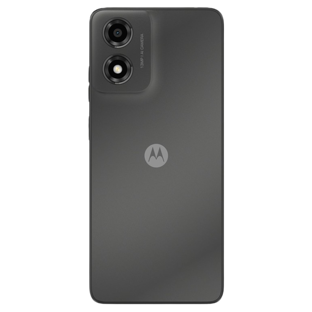 Achterkant van een donkergrijze smartphone met dubbele camera's en Motorola logo.