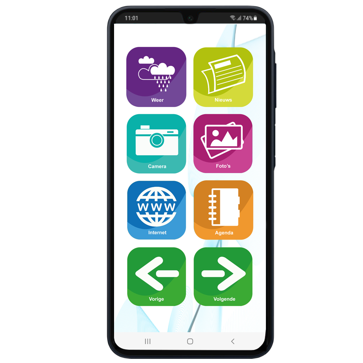 Een smartphone scherm met kleurrijke iconen. Het toont de tijd en verschillende app-iconen.