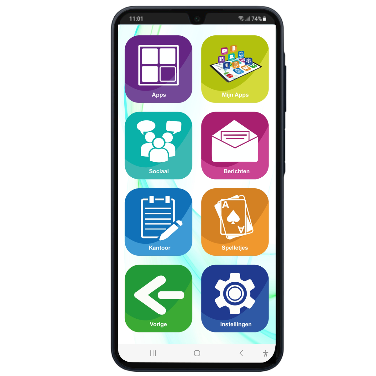Smartphone scherm met kleurrijke apps en iconen, waaronder 'Apps', 'Mijn Apps' en het instellingen icoon.