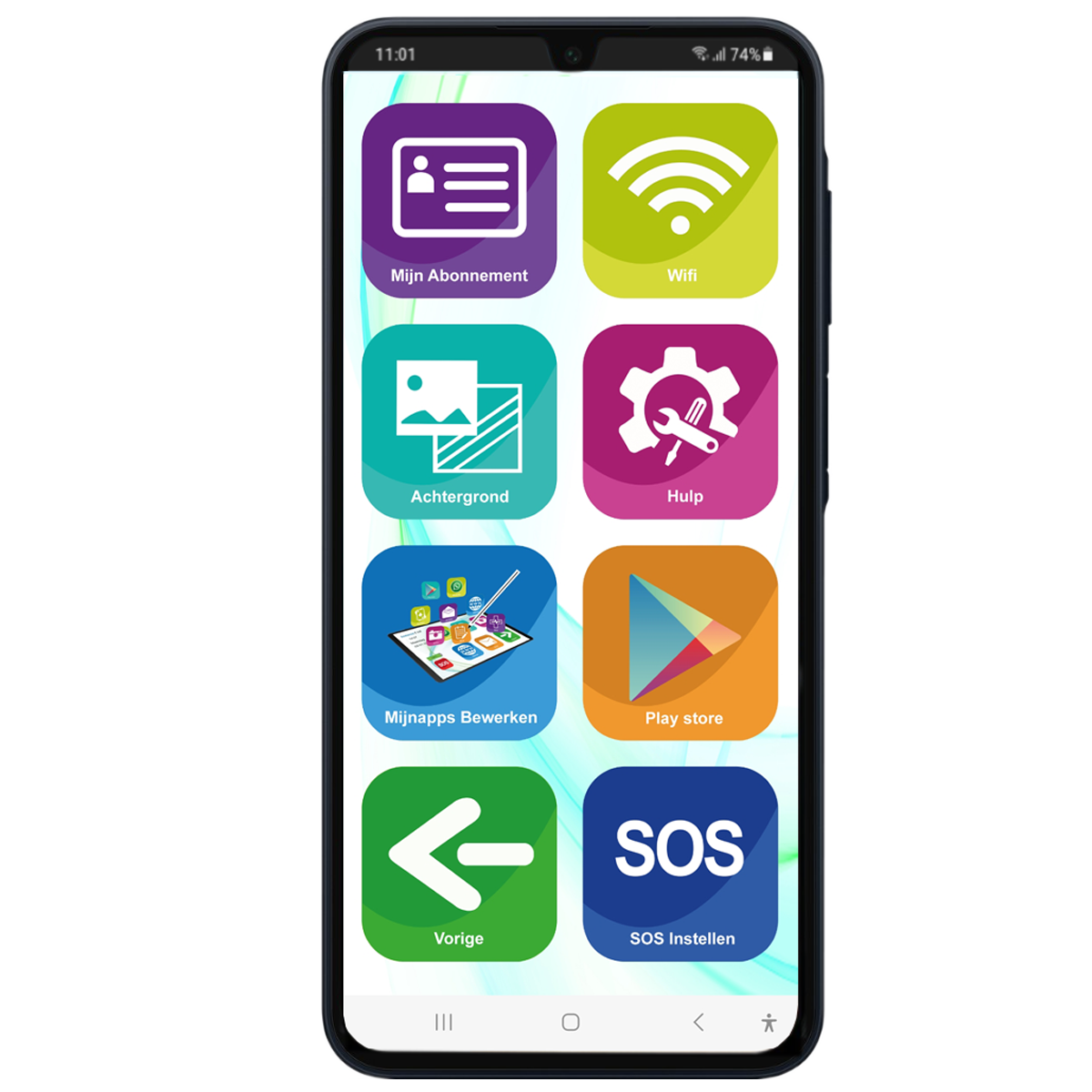 Smartphone scherm met app-iconen. Het scherm toont diverse kleurrijke app-iconen.