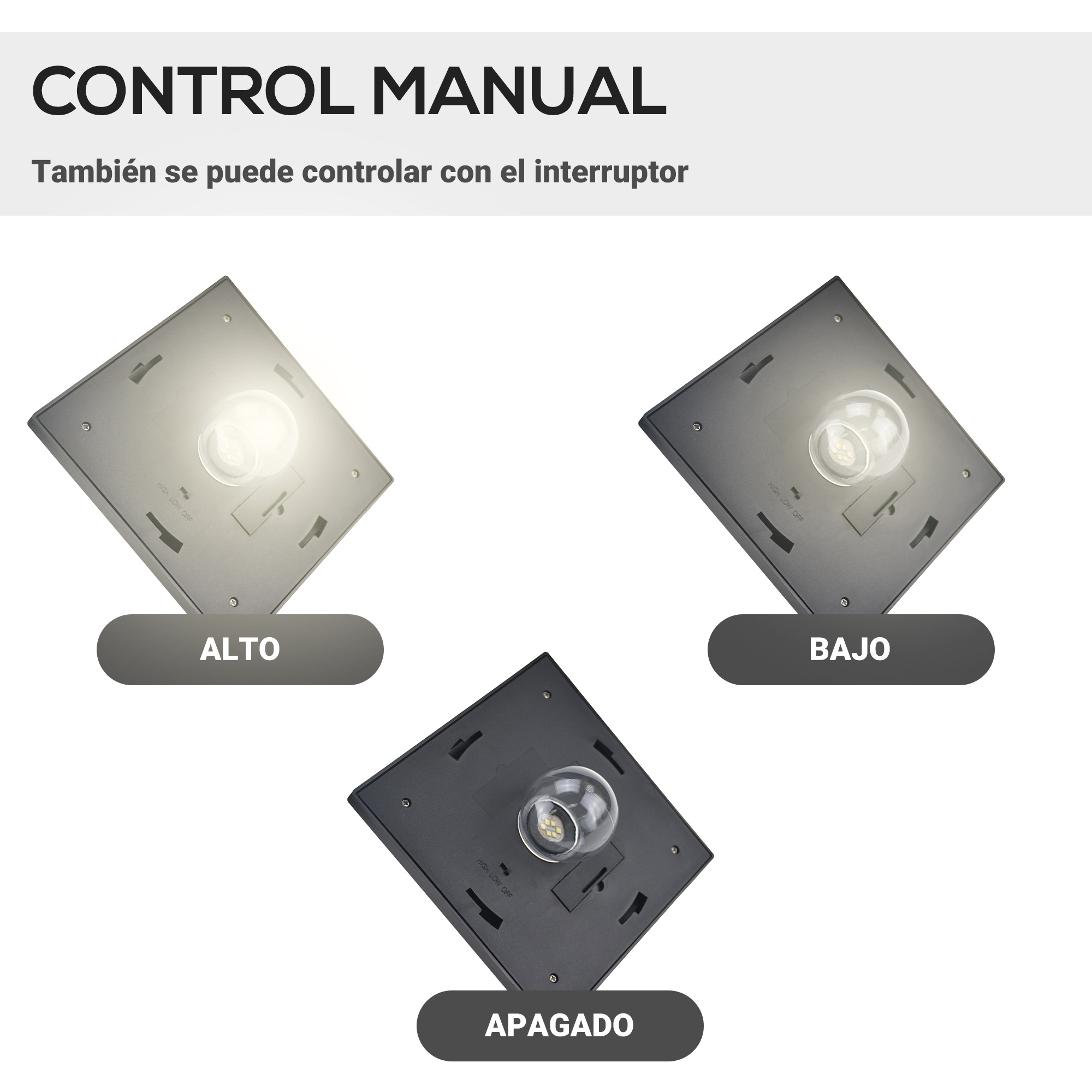 Tres opciones de luz, alta, baja y apagada, se muestran sobre un fondo blanco.