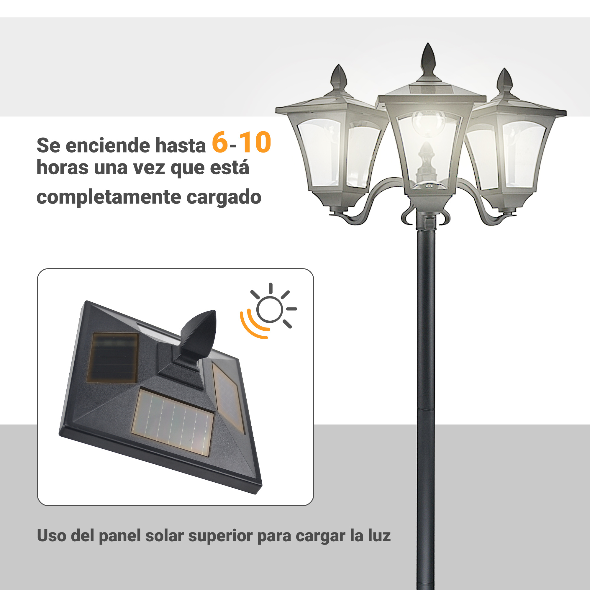 Un poste de luz negro con tres cabezales de lámpara. Un primer plano muestra paneles solares.