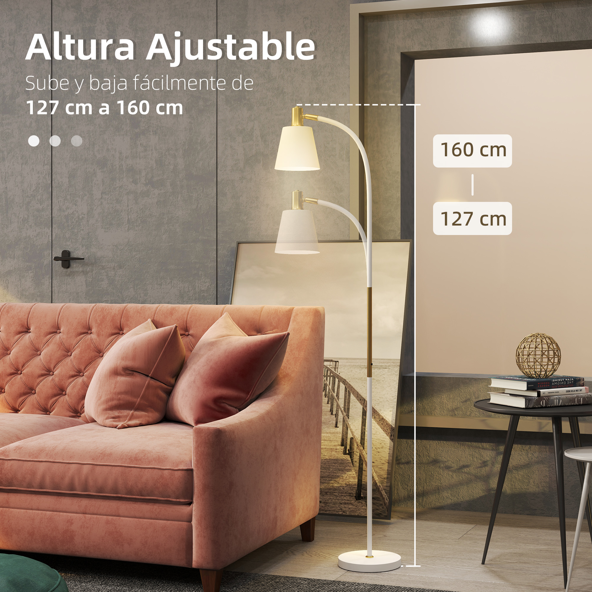 Una lámpara de pie con altura ajustable, que se muestra en un salón.