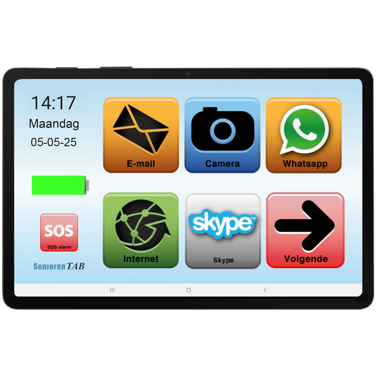 Een tablet met pictogrammen voor e-mail, camera, whatsapp, SOS-alarm, internet, skype en volgende.