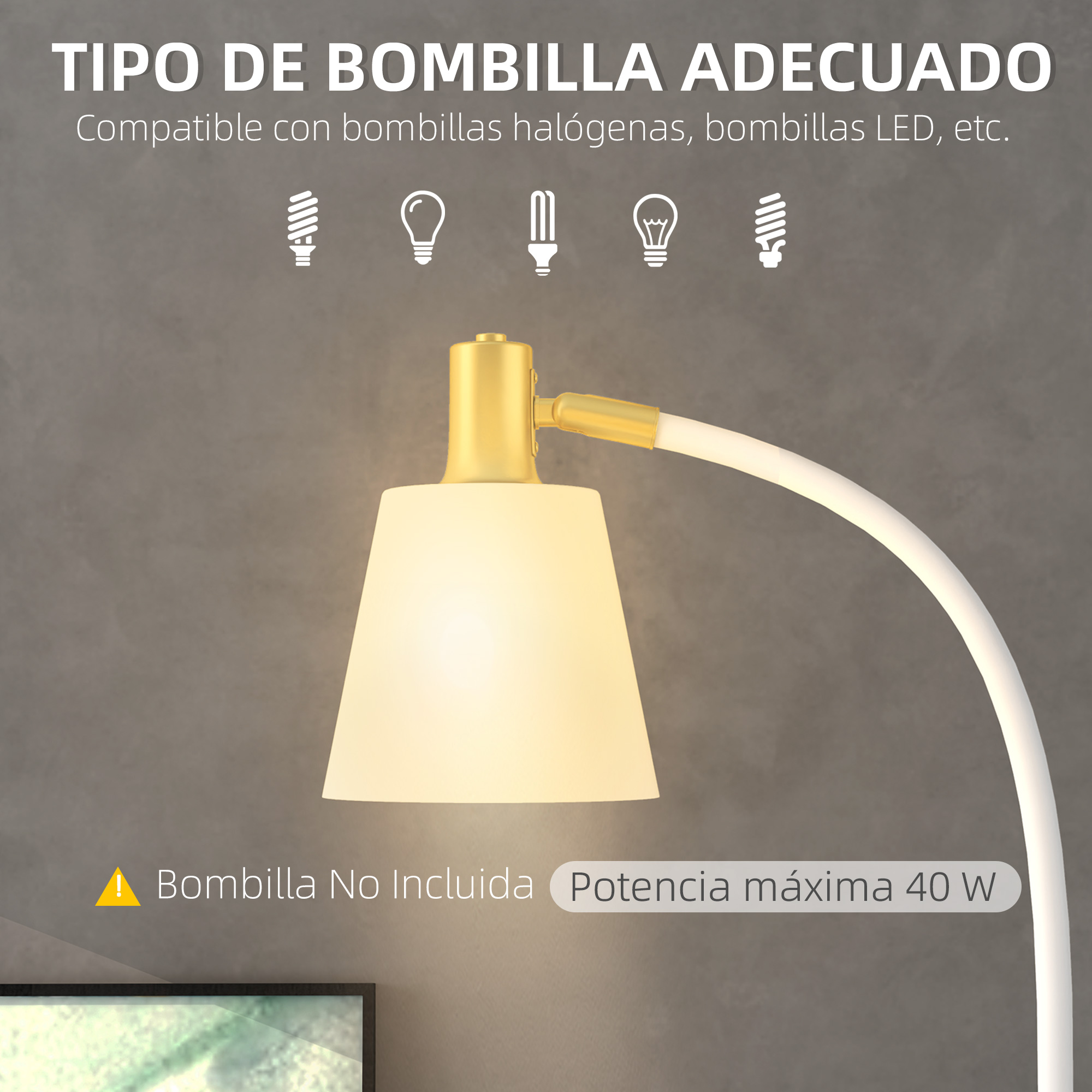 Lámpara con pantalla blanca y cuello dorado. Se muestran iconos de bombillas.
