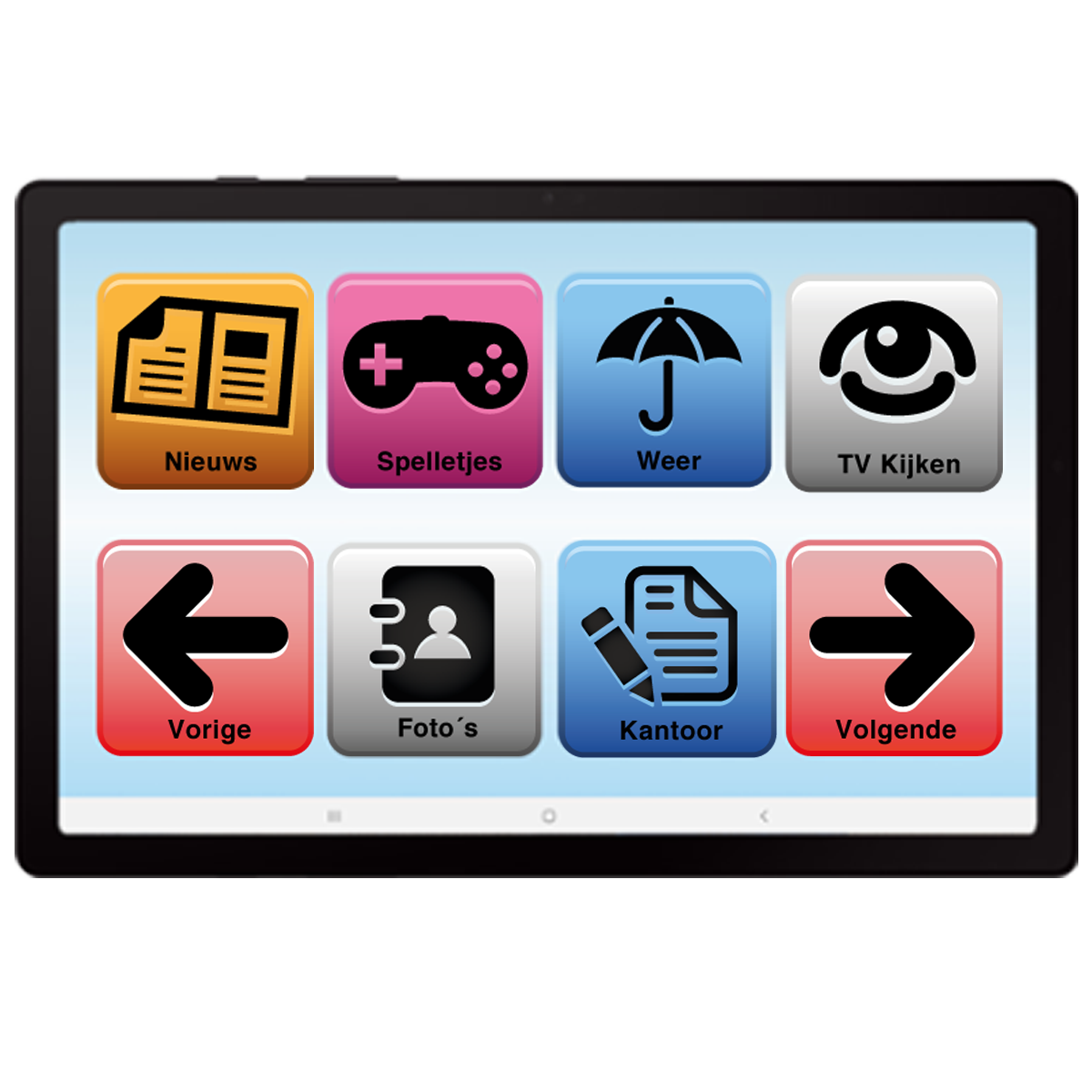 Een tabletscherm met pictogrammen voor nieuws, games, weer, tv en meer.