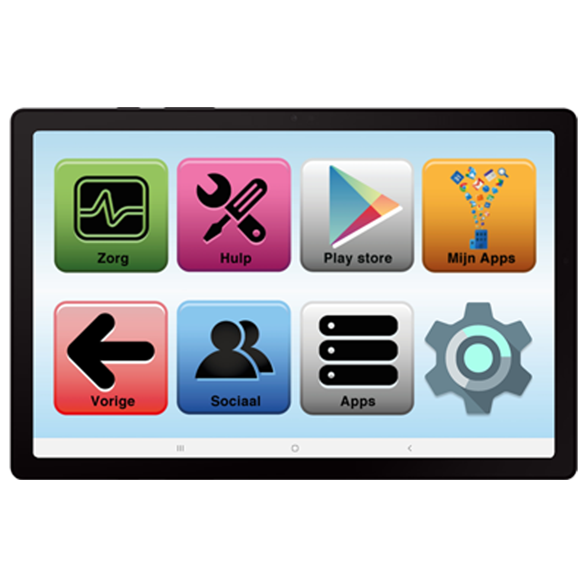 Tabletscherm met pictogrammen: gezondheid, hulp, play store, apps, pijl terug, groepsicoon, drie lijnen, tandwiel.