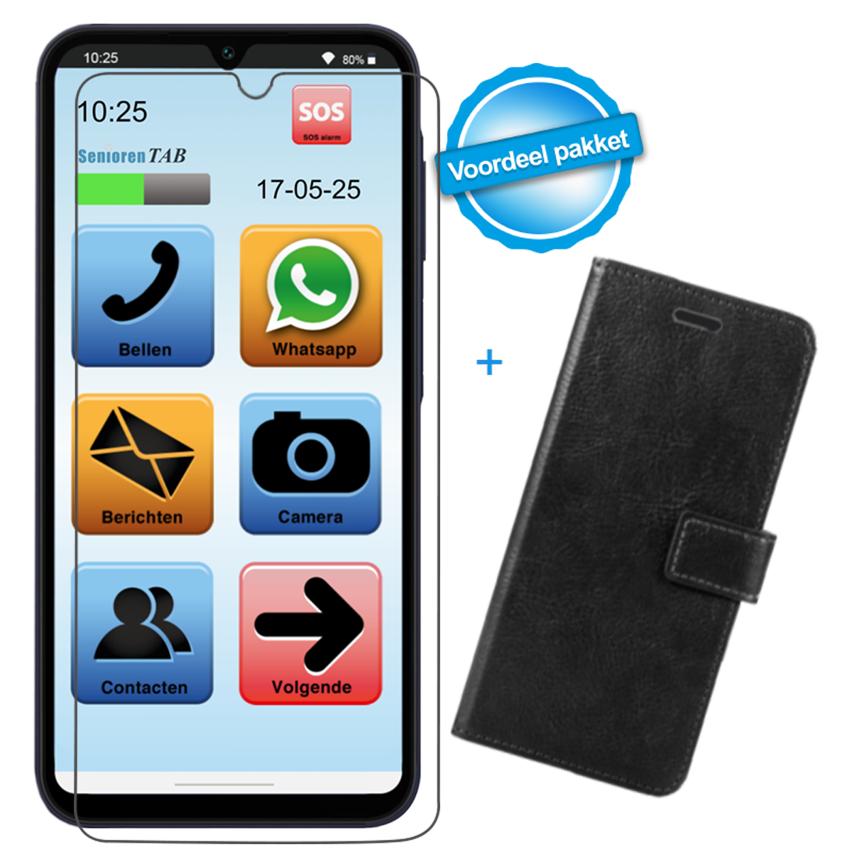 Een smartphone met grote iconen voor senioren en een hoesje.