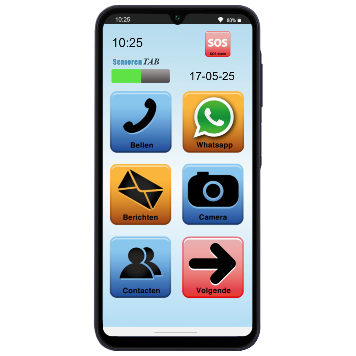 Een smartphone met grote iconen, met een SOS-alarm en een hoesje.