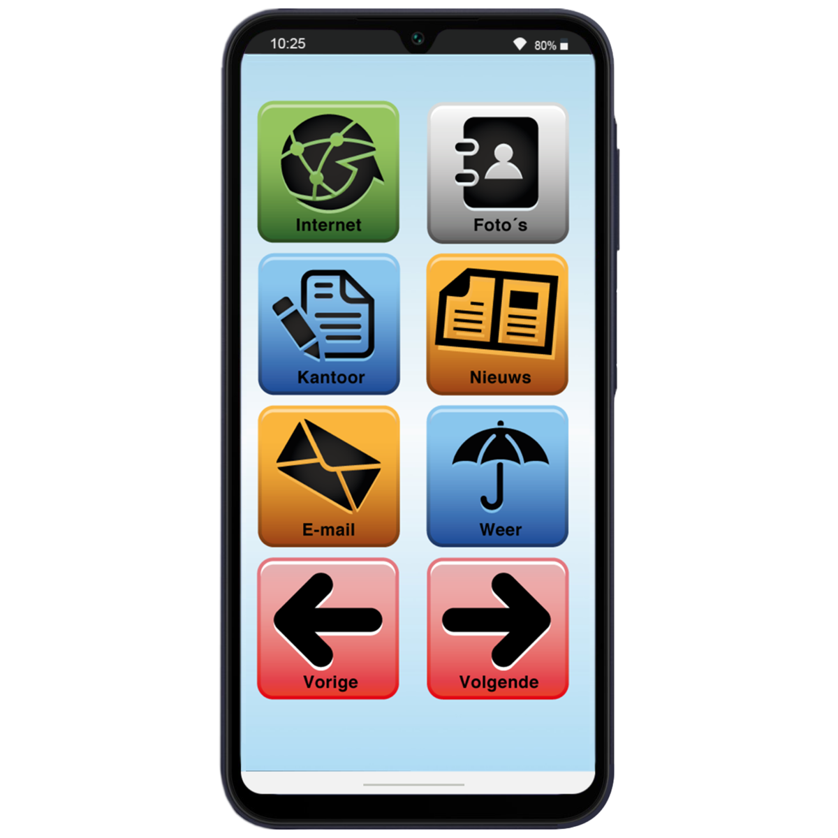 Een telefoonscherm met app-pictogrammen. De pictogrammen omvatten internet, foto's en e-mail.
