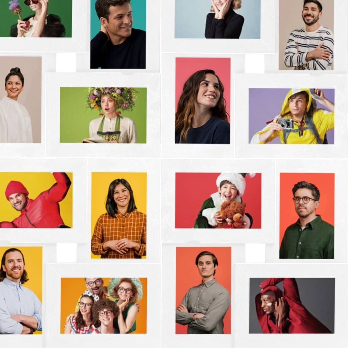 Eine Collage von Porträts von Menschen in weißen Rahmen.