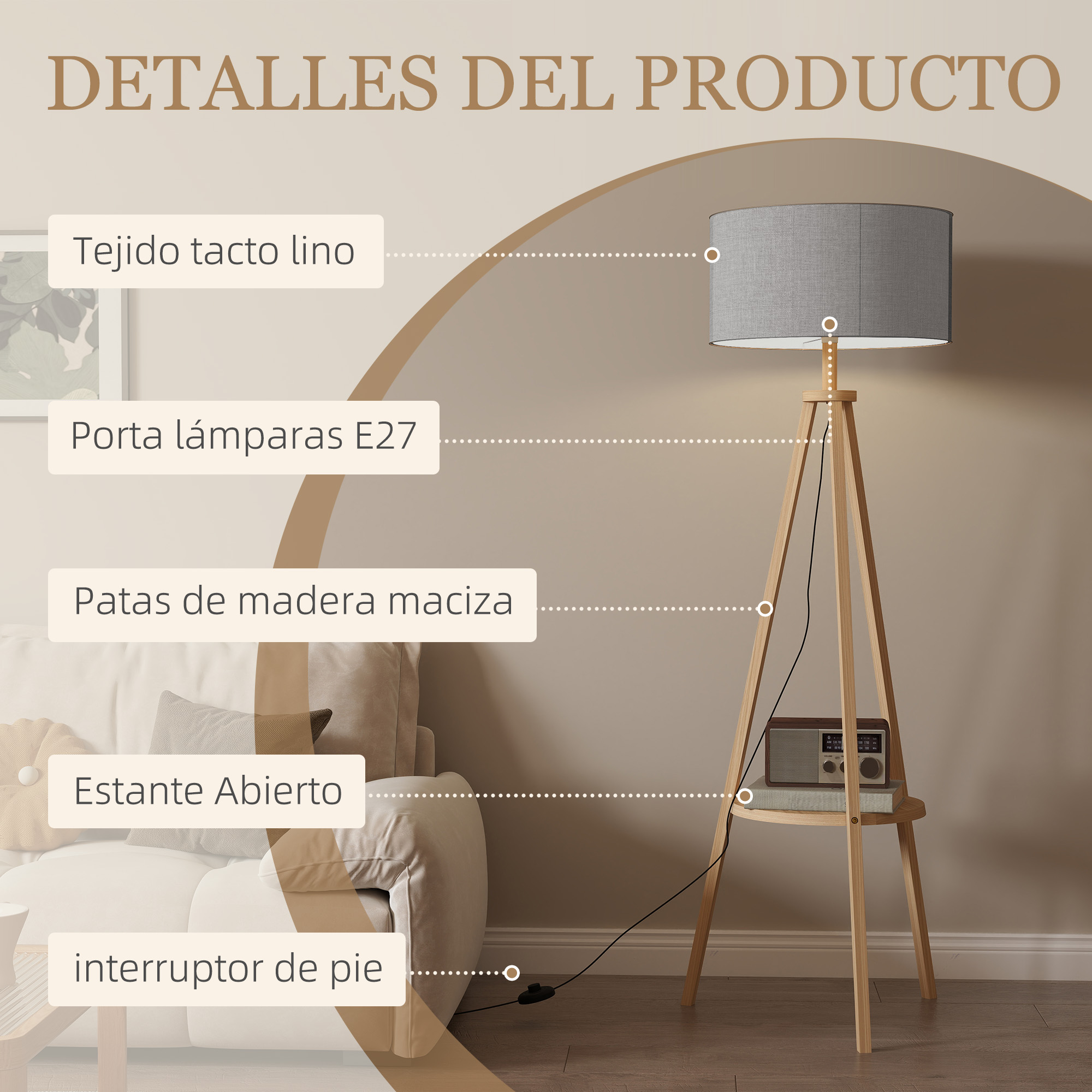 Lámpara beige con pantalla gris en un soporte de madera, con estante abierto.