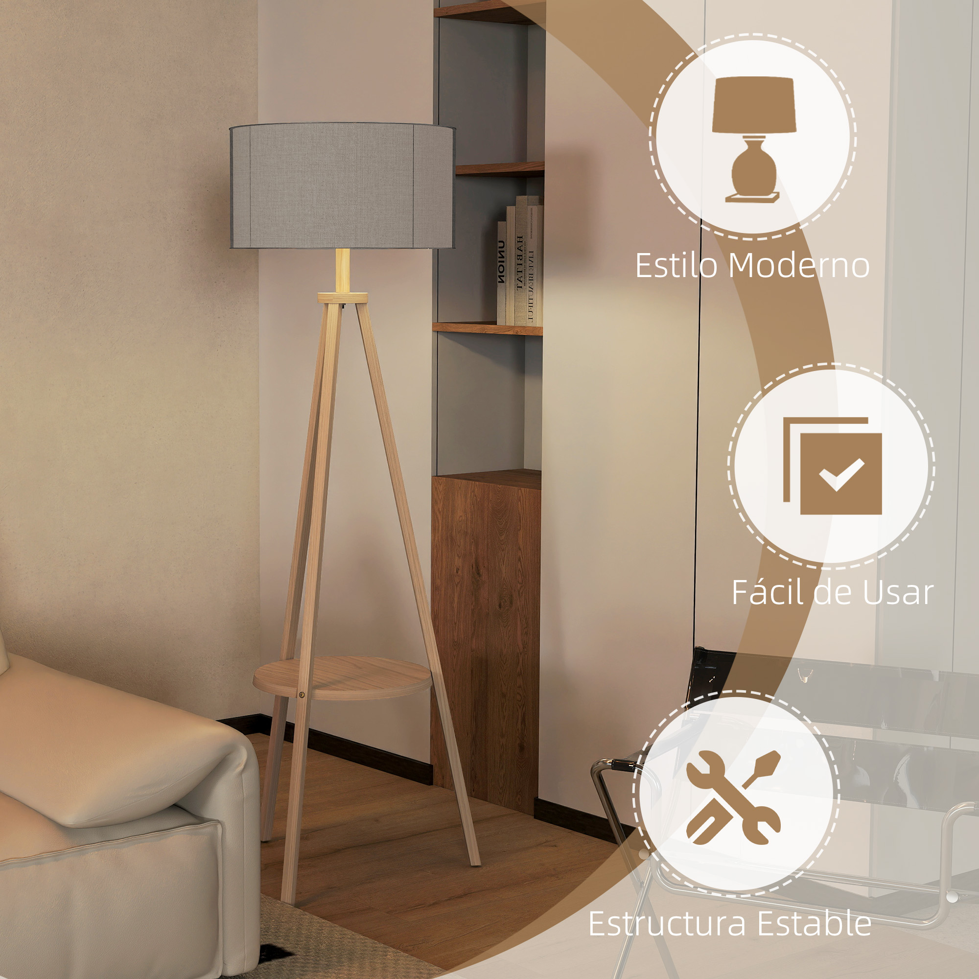 Una lámpara de pie de madera con pantalla, con elementos gráficos al lado.