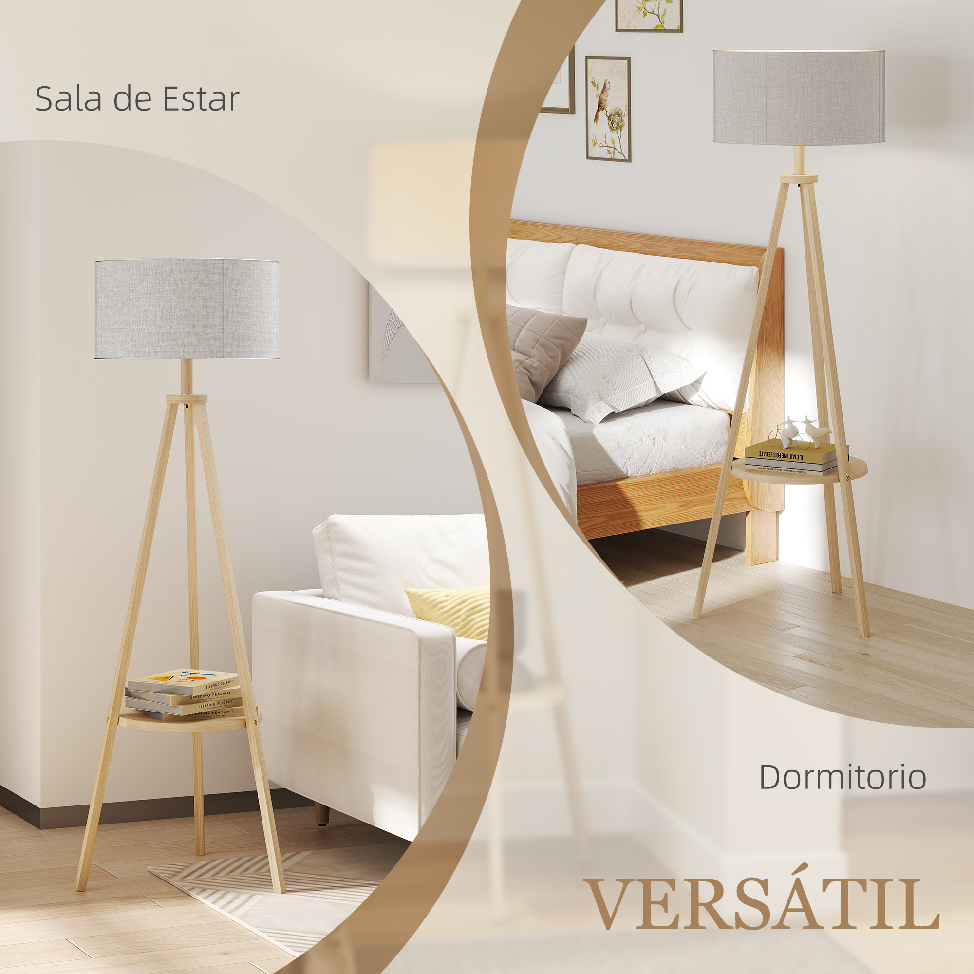 Dos imágenes que muestran lámparas de pie en salones y dormitorios, etiquetadas 'Versátil'.