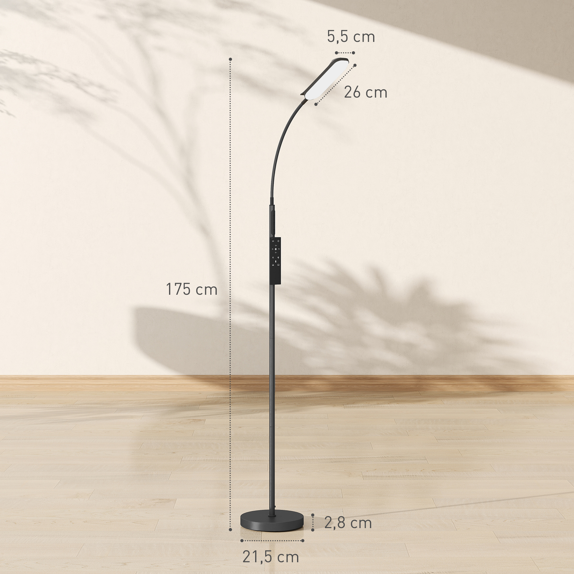 Lámpara de pie negra con medidas, base negra, brazo curvo y luz rectangular.