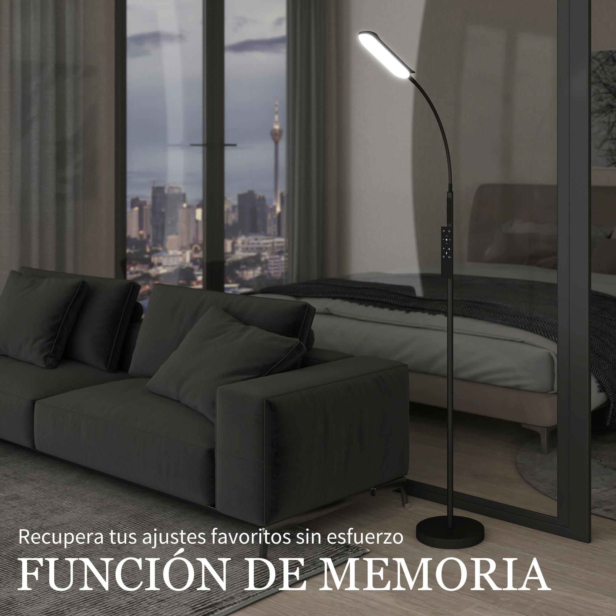 Lámpara de pie negra en una habitación con sofá y vista a la ciudad.