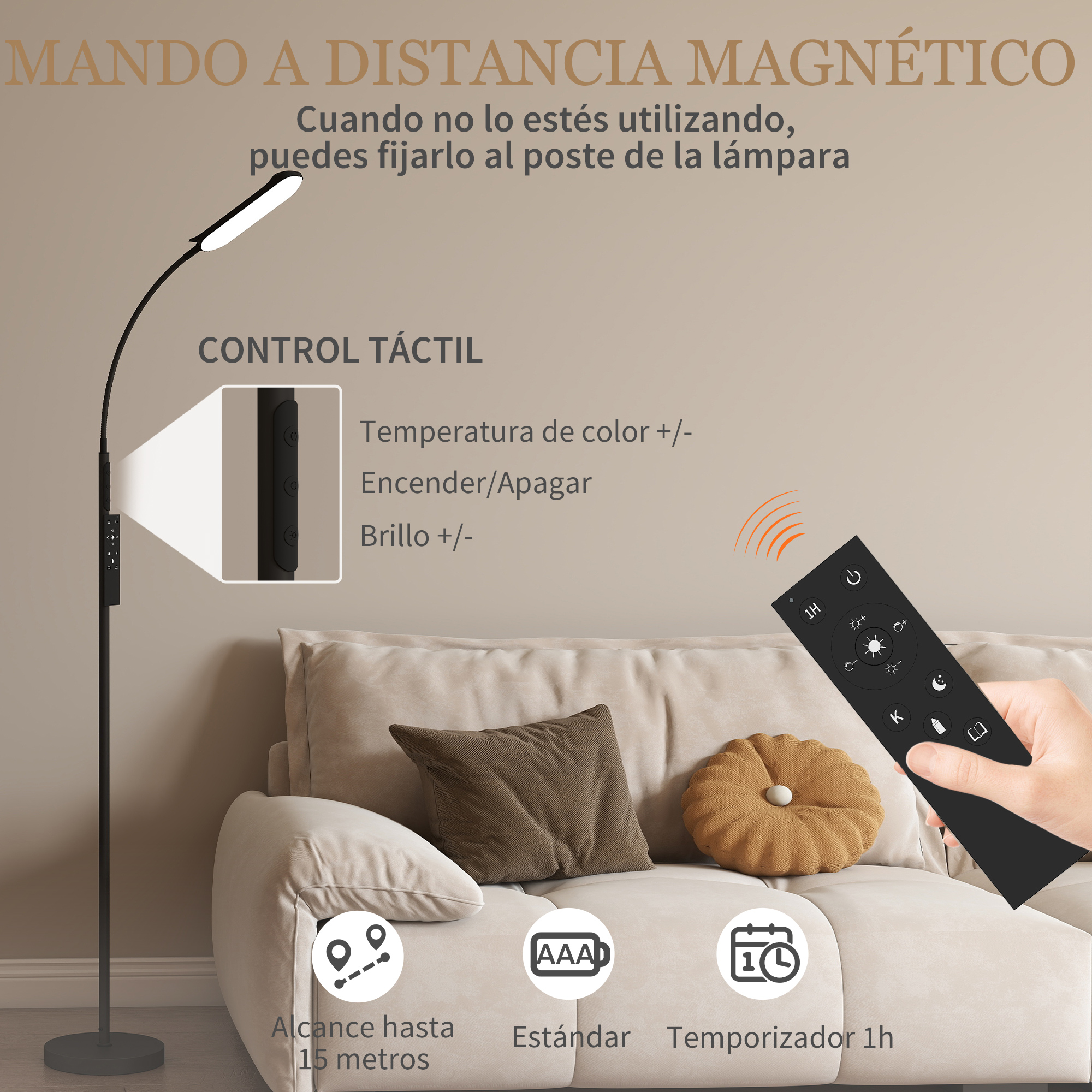 Lámpara de pie con cabezal flexible, mando a distancia y control táctil.