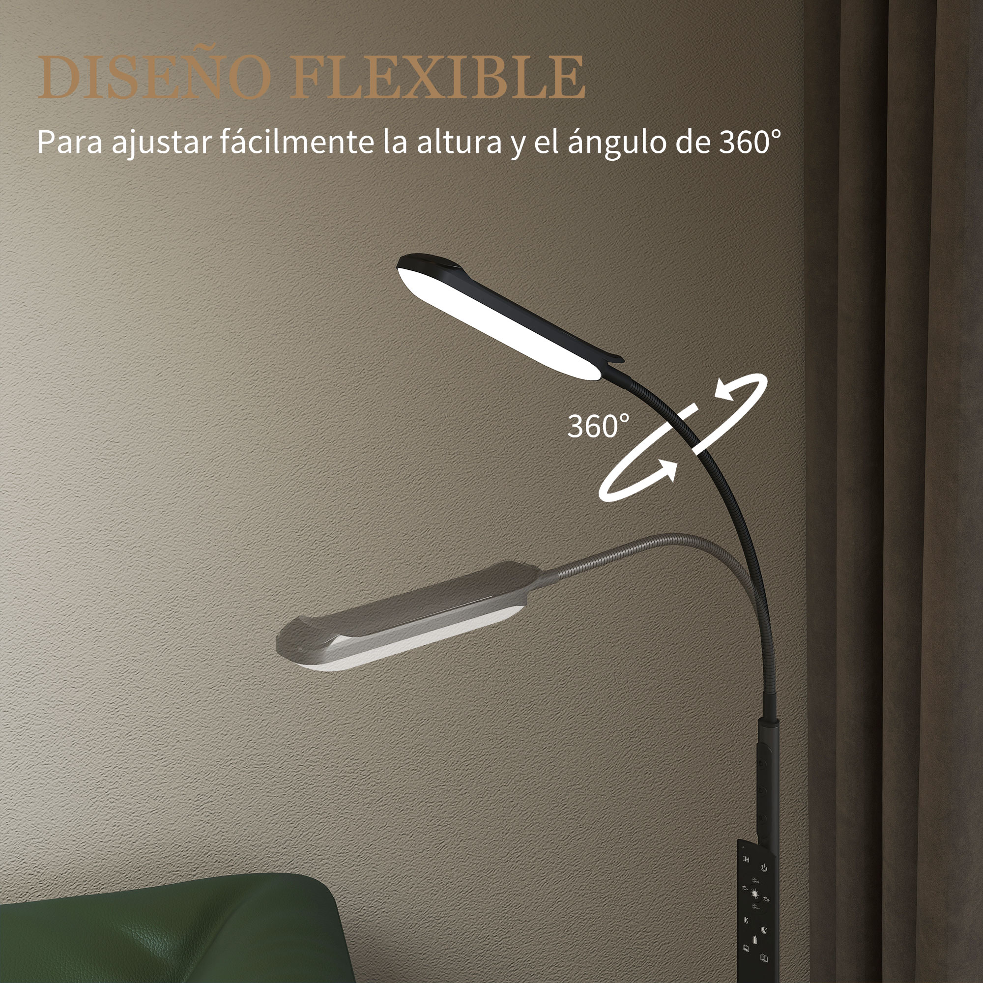 Lámpara de pie flexible con dos luces y texto, mostrando el ángulo de 360 grados.