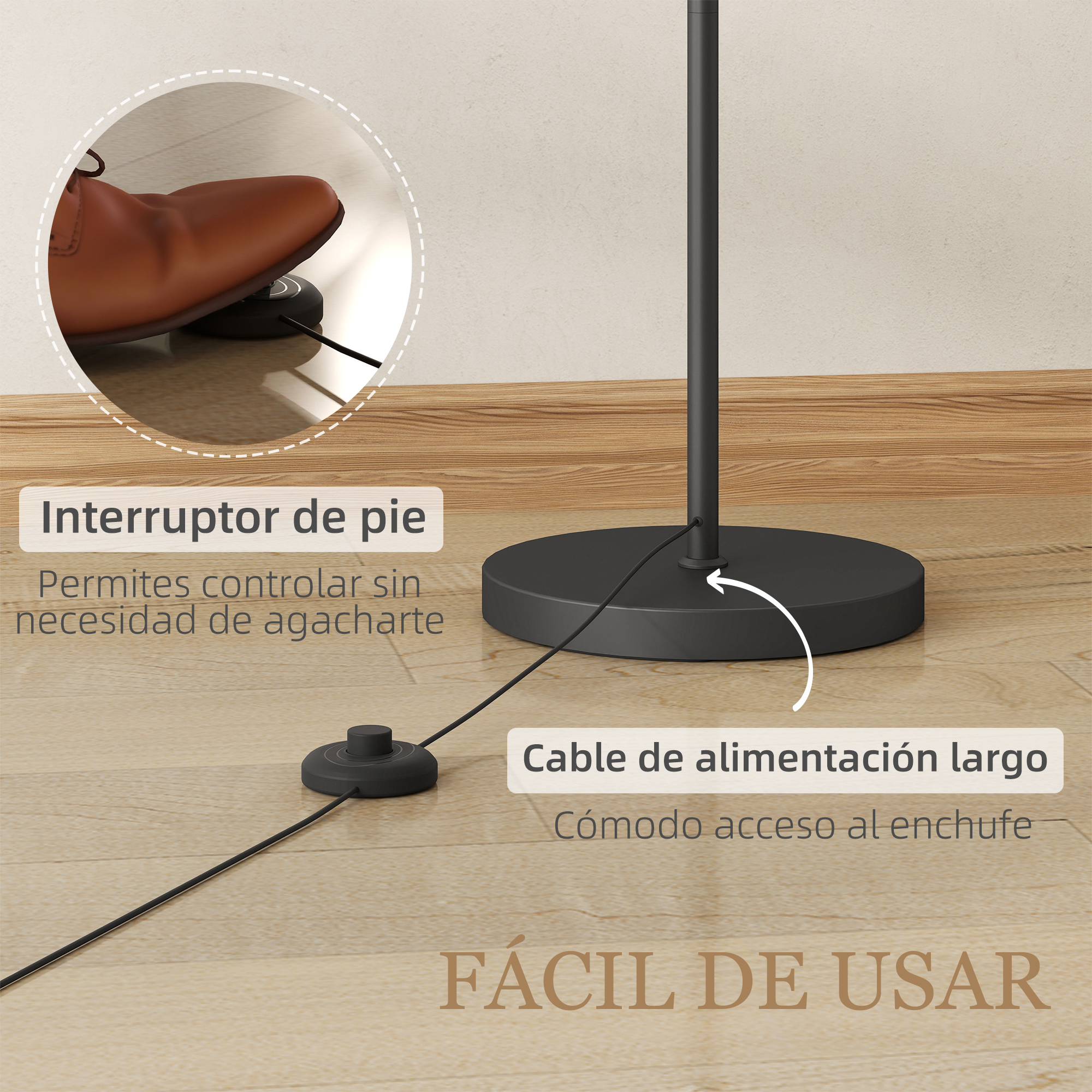 Una lámpara de pie con interruptor de pie y cable largo.
