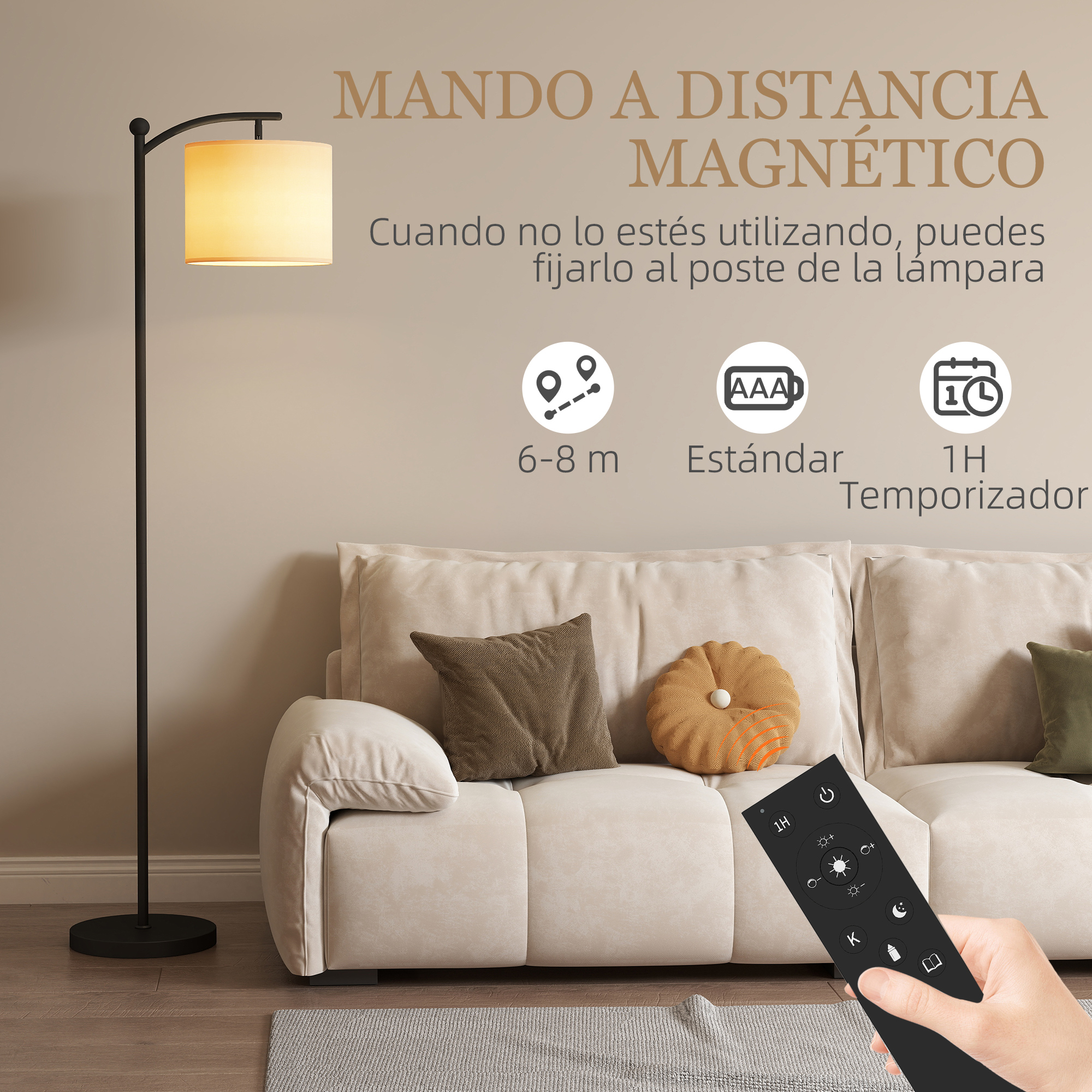 Lámpara de pie con mando a distancia, un sofá en el fondo.
